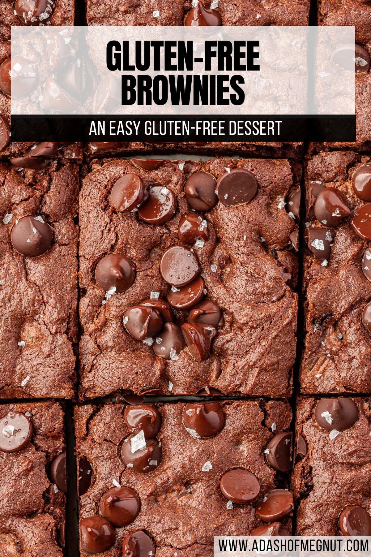 An overhead view of gluten-free brownies cut into 9 equal pieces and topped with semi-sweet chocolate chips and flaky sea salt with a text overlay.