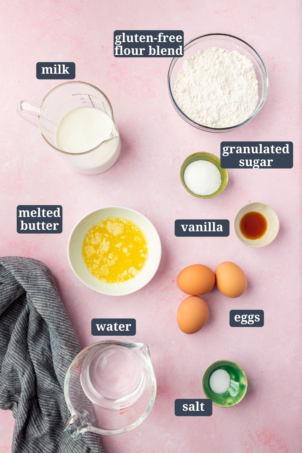 Ingredients in small bowls to make gluten-free crepes with text overlays over each ingredient.