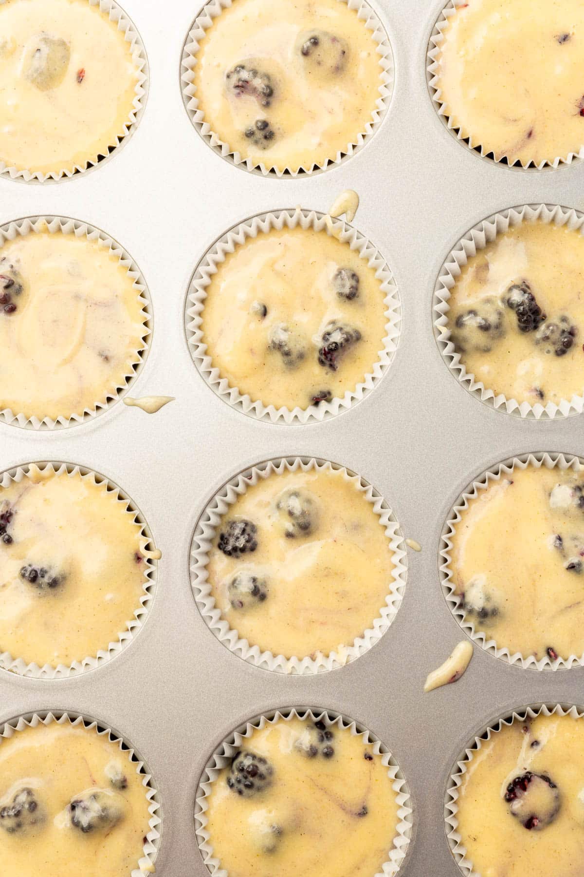 A closeup of a silver muffin tin filled with gluten-free blackberry muffin batter before baking in the oven.