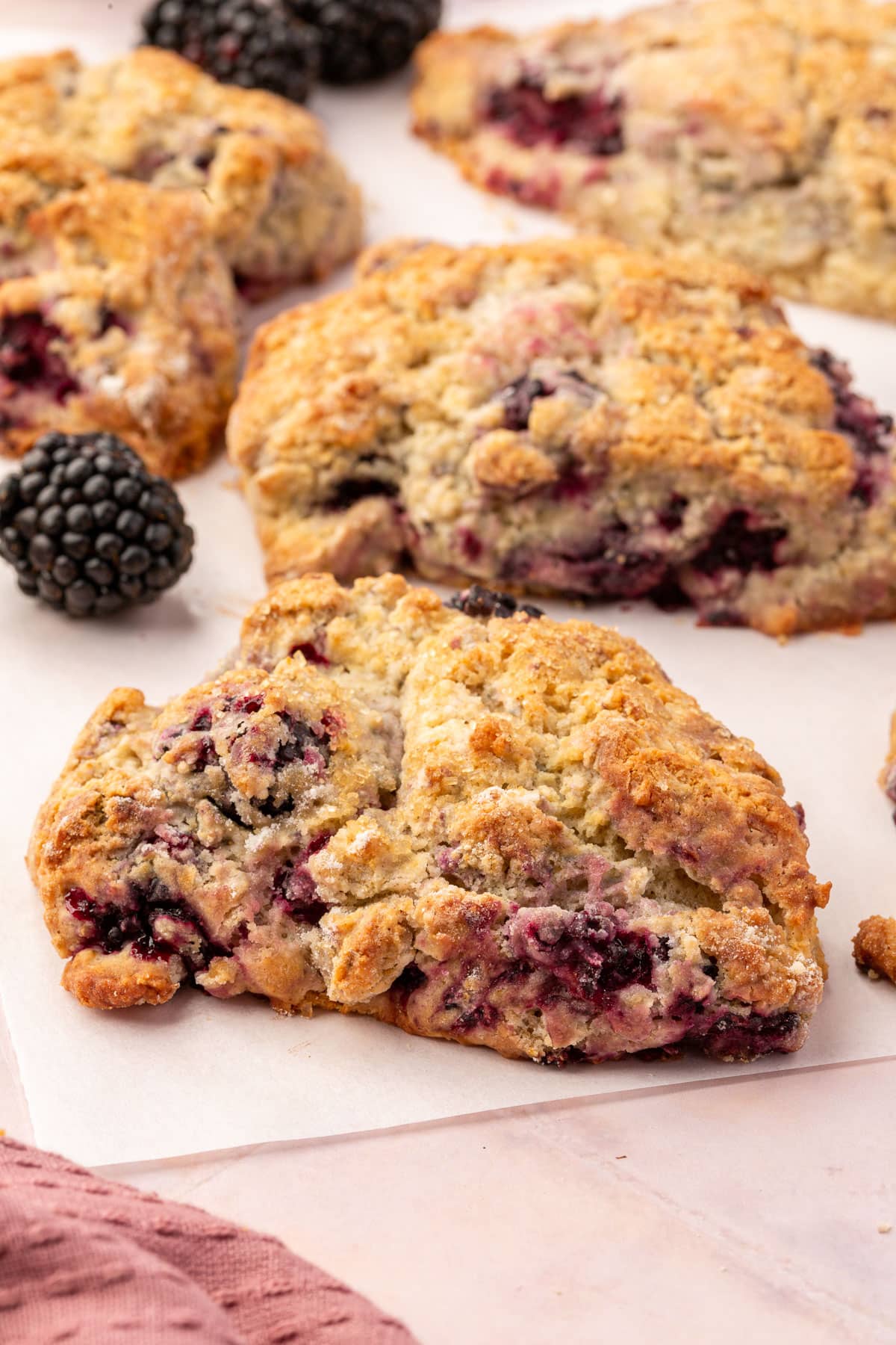 A close up of a gluten-free blackberry scone on a piece of parchment paper with more scones and fresh blackberries in the background.