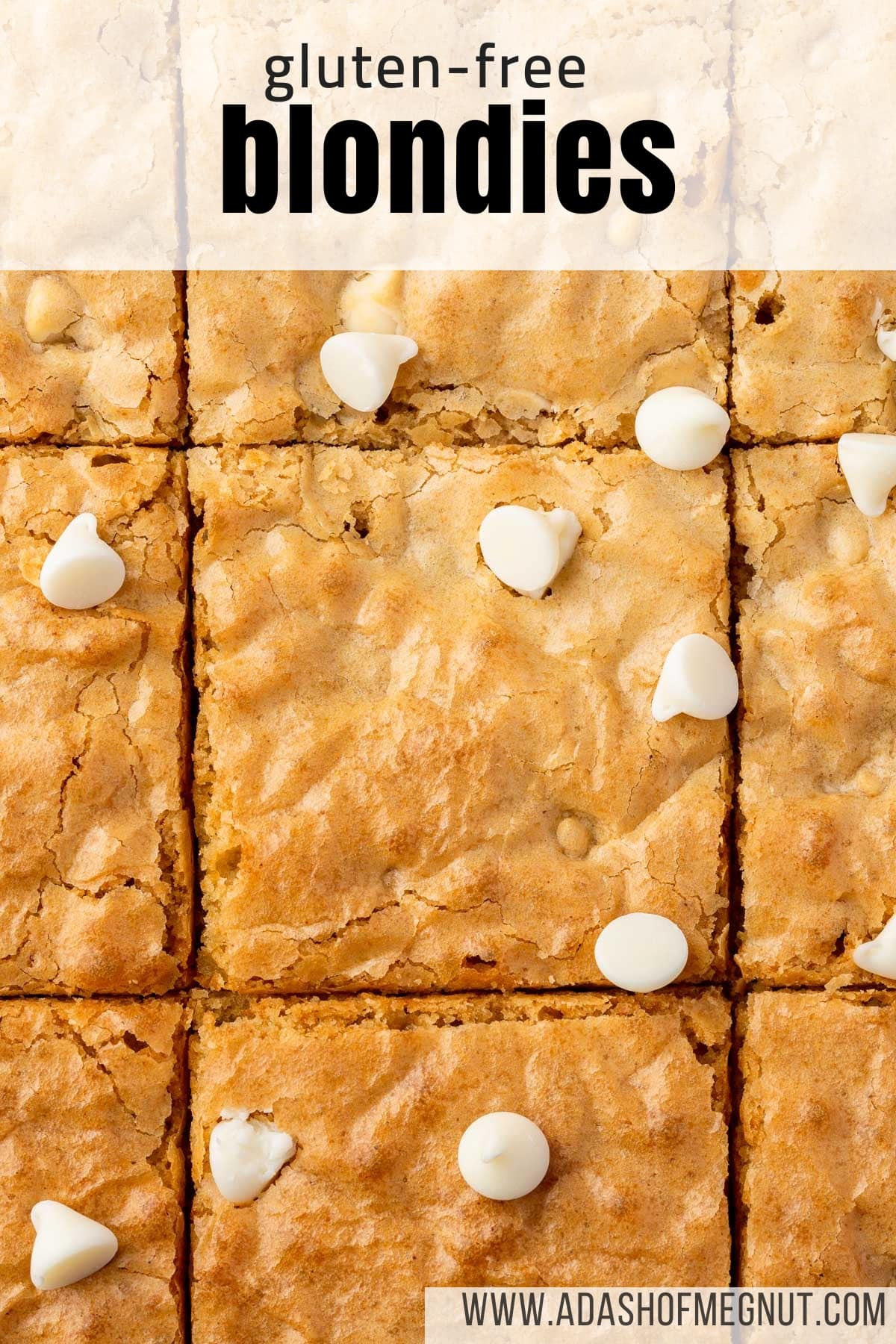 A close up view of 9 gluten-free blondies cut into squares.