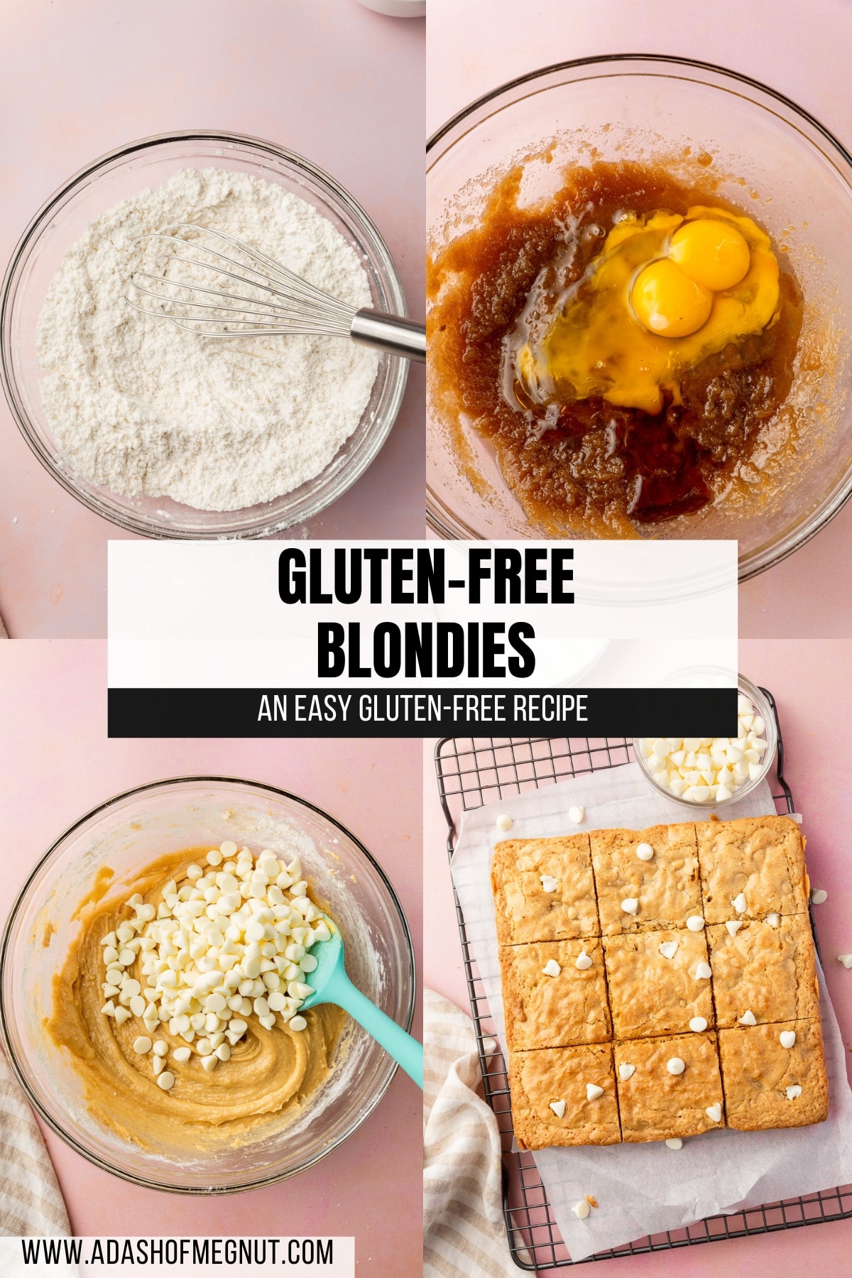 A four photo collage showing the process of making gluten-free blondies from scratch. Photo 1: A glass mixing bowl with gluten-free flour and a whisk in it. Photo 2: A glass mixing bowl with a melted butter and brown sugar mixture topped with two eggs and vanilla extract. Photo 3: A glass mixing bowl filled with gluten-free blondie batter topped with a pile of white chocolate chips. Photo 4: Gluten-free blondies cut into 9 equal squares cooling on a wire rack topped with parchment paper.