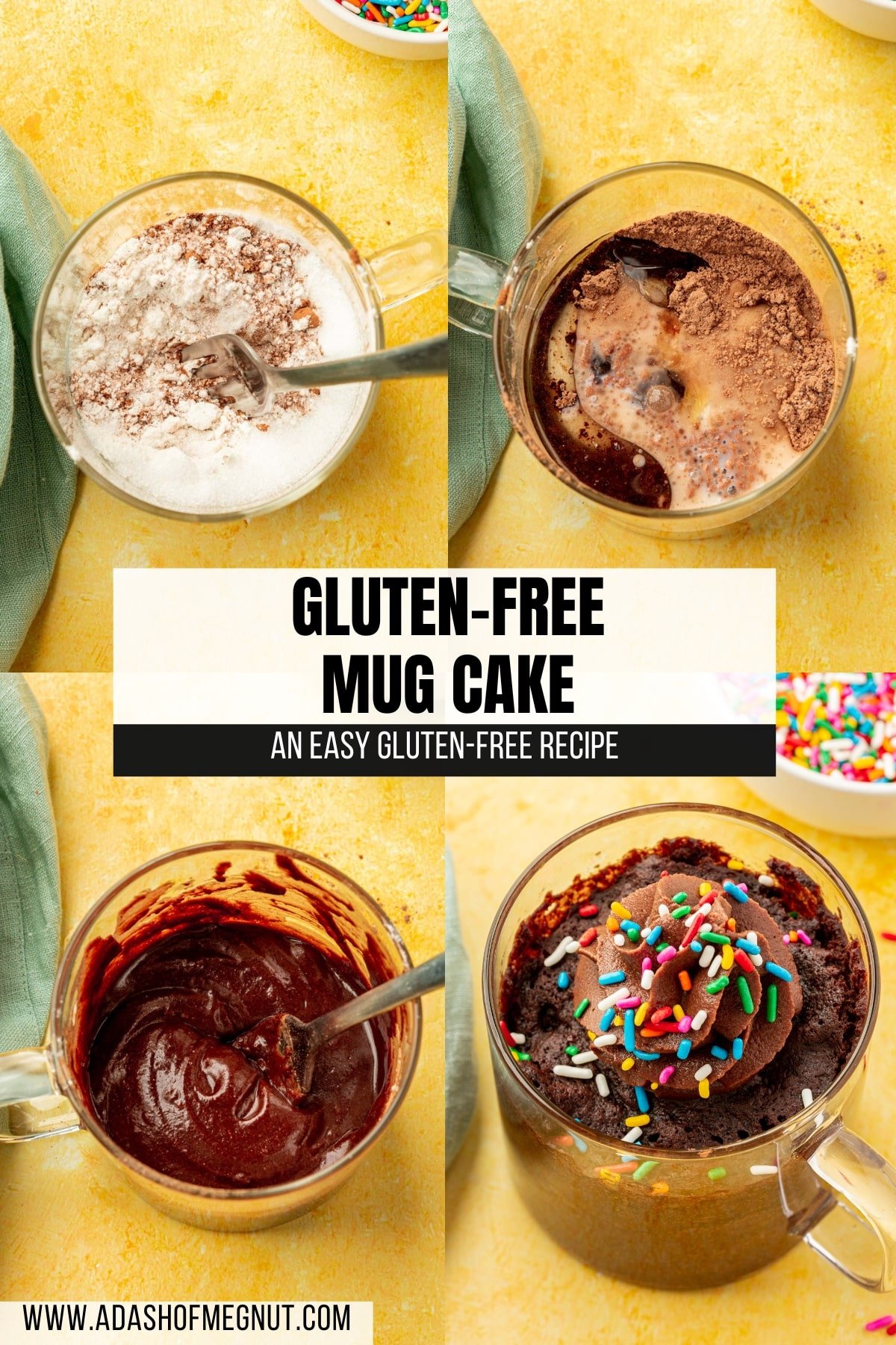 A four photo collage showing the process of making gluten-free mug cake in the microwave. Photo 1: Gluten-free flour, cocoa powder, salt, and granulated sugar being mixed together by a fork in a glass mug. Photo 2: Cocoa powder, almond milk, oil, and vanilla in a glass mug before mixing together to make a gluten-free mug cake. Photo 3: Gluten-free chocolate cake batter in a glass mug being mixed with a fork. Photo 4: A closeup of a gluten-free mug cake in a glass mug topped with a swirl of chocolate buttercream and colorful sprinkles.