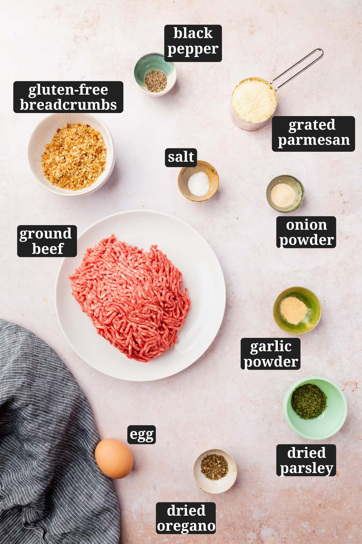 An overhead view of ingredients in bowls to make gluten-free beef meatballs, including black pepper, gluten-free breadcrumbs, salt, grated parmesan, onion powder, garlic powder, ground beef, egg, dried oregano, and dried parsley with text overlays over each ingredient.