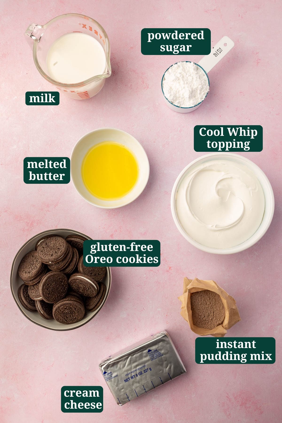 Ingredients in bowls to make gluten-free Oreo pudding pie, including milk, powdered sugar, melted butter, Cool Whip topping, gluten-free Oreo cookies, instant pudding mix, and cream cheese with text overlays over each ingredient.
