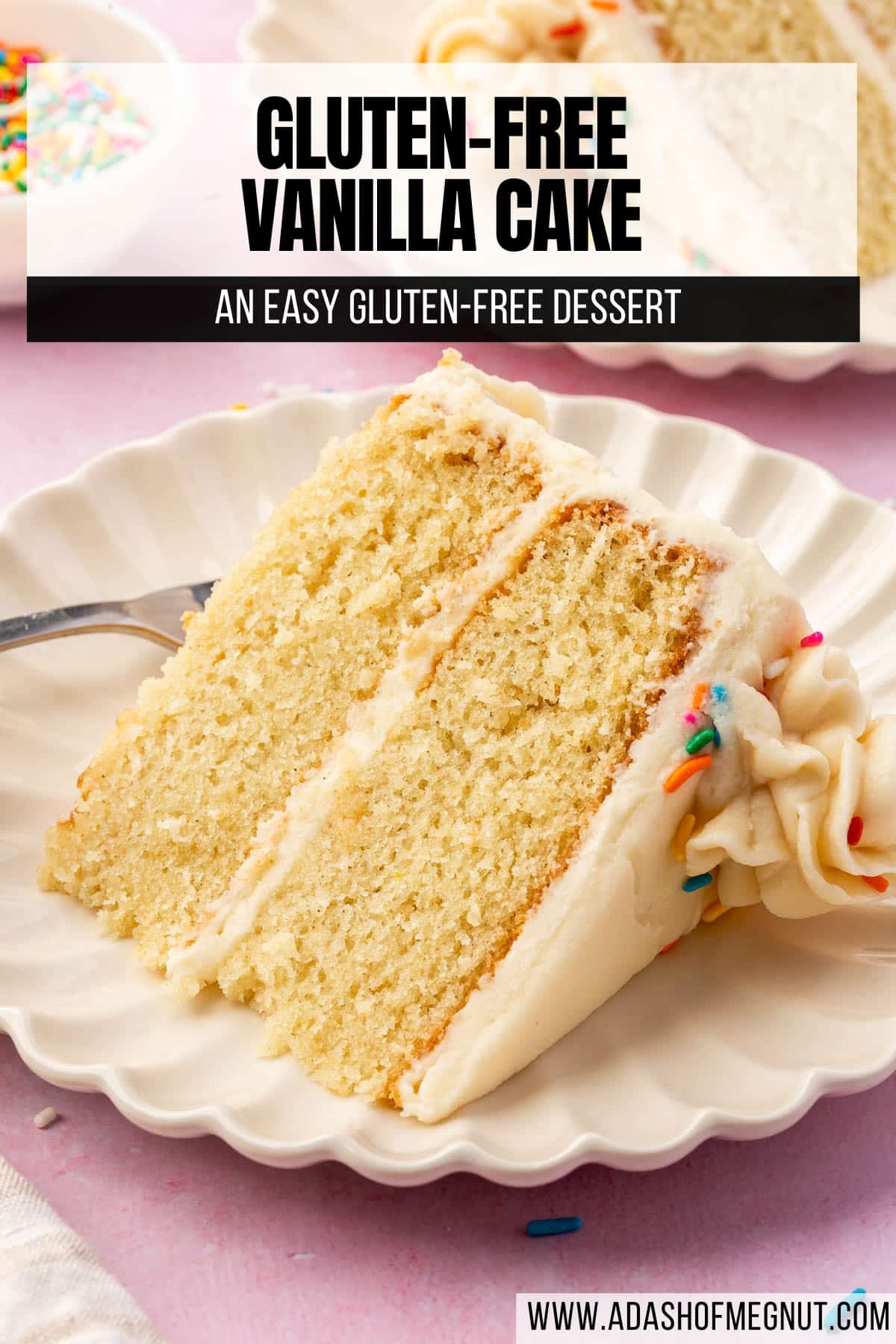 A closeup of a slice of gluten free vanilla cake with sprinkles on a scalloped dessert plate.