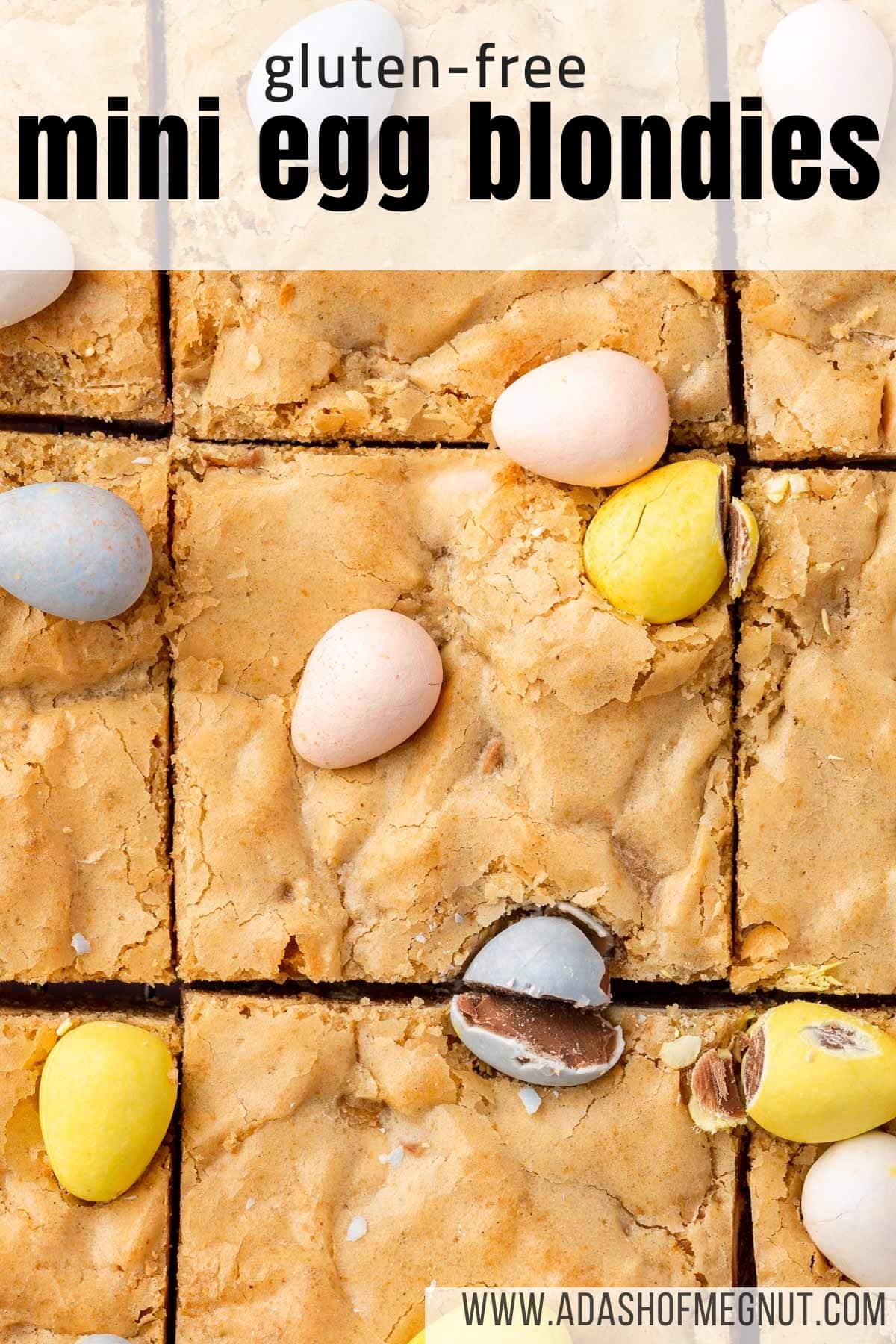 A close up of slices of mini egg blondies with cadbury egs on top.