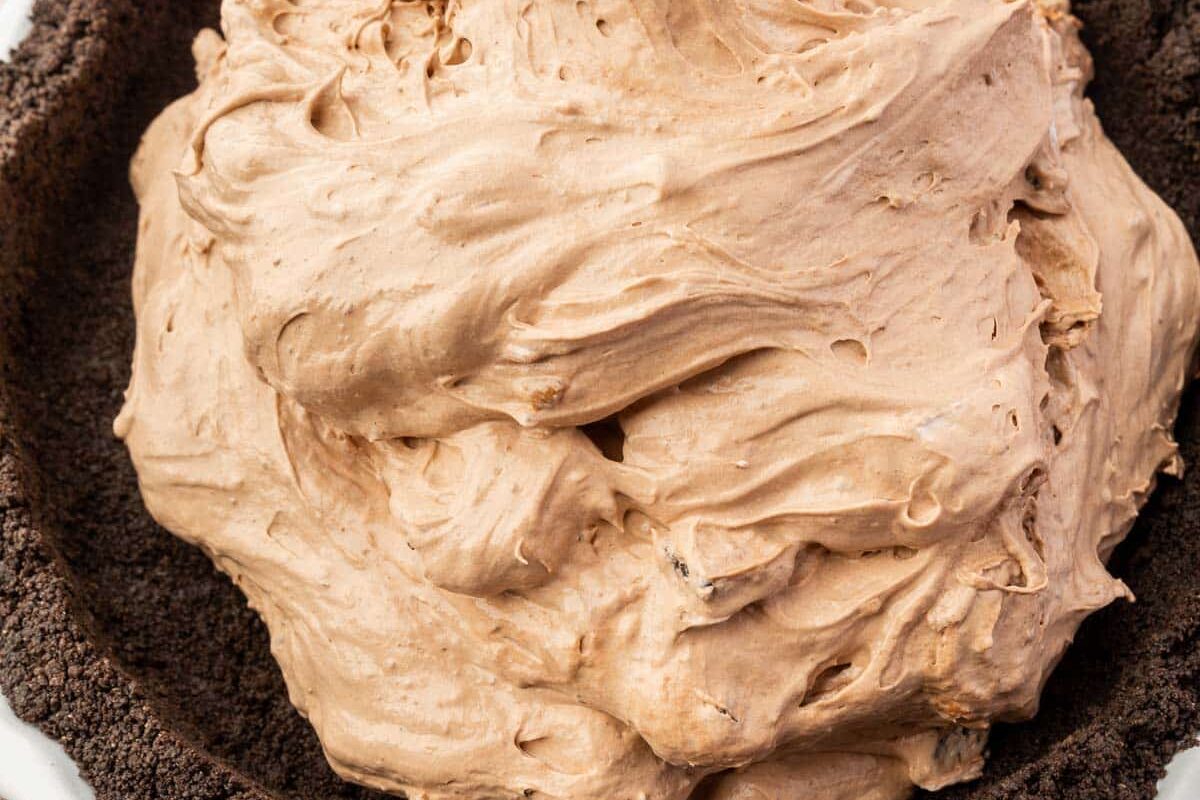 A chocolate whipped pudding mixture in an Oreo pie crust.
