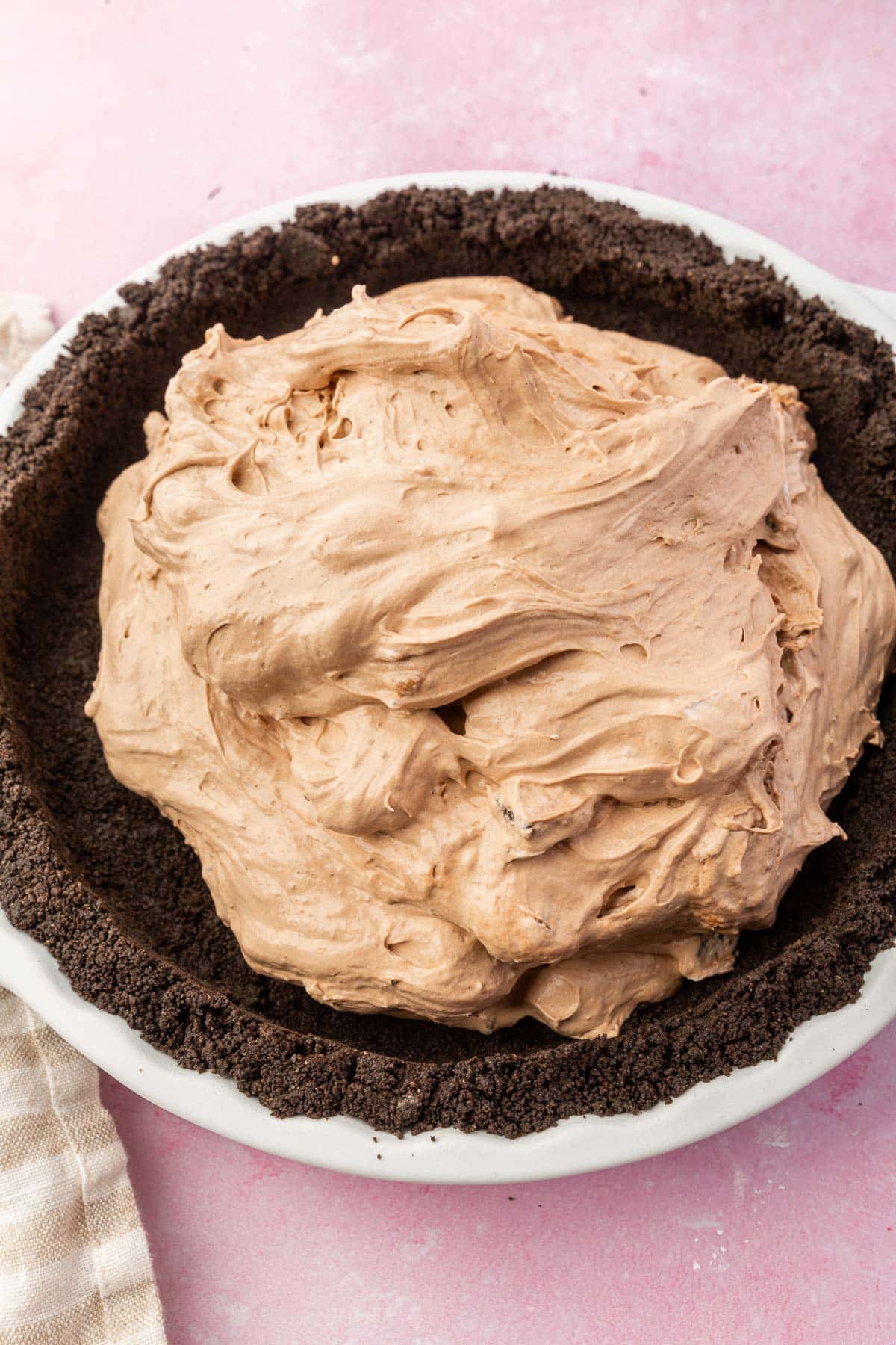 A chocolate whipped pudding mixture in an Oreo pie crust.
