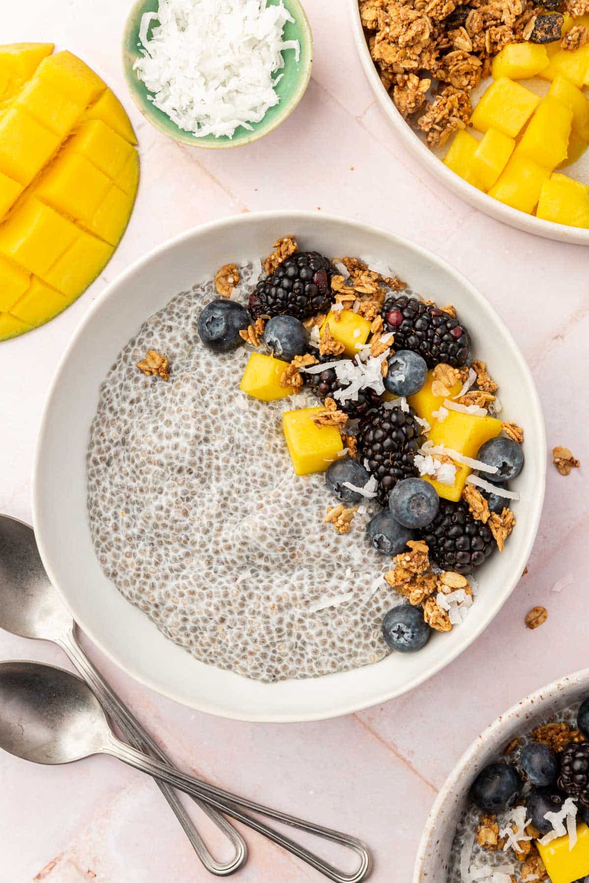 A bowl of chia pudding topped with mango, blueberries, blackberries, coconut and granola with more toppings surrounding the bowl.