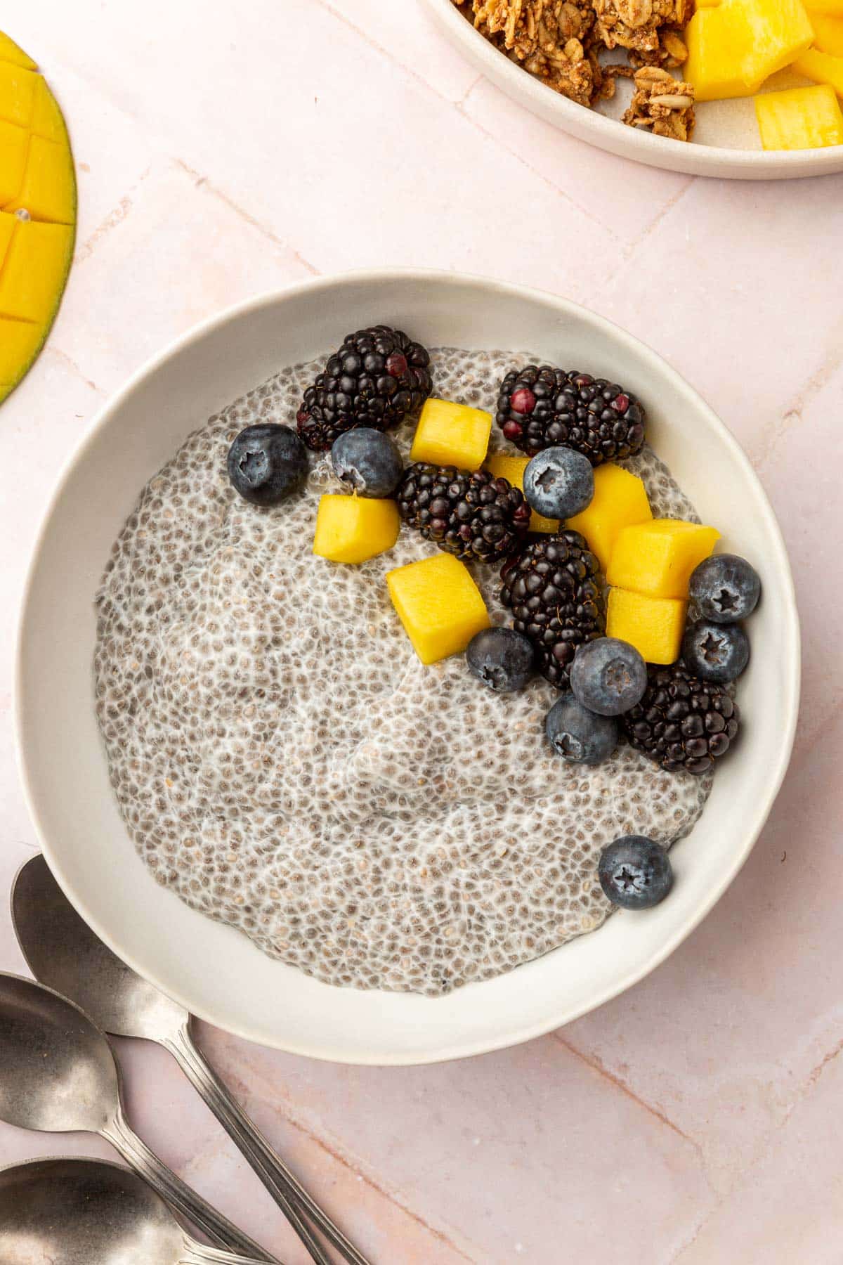 A bowl of chia pudding topped with diced mango, blueberries, blackberries, and gluten-free granola with two spoons on the side.