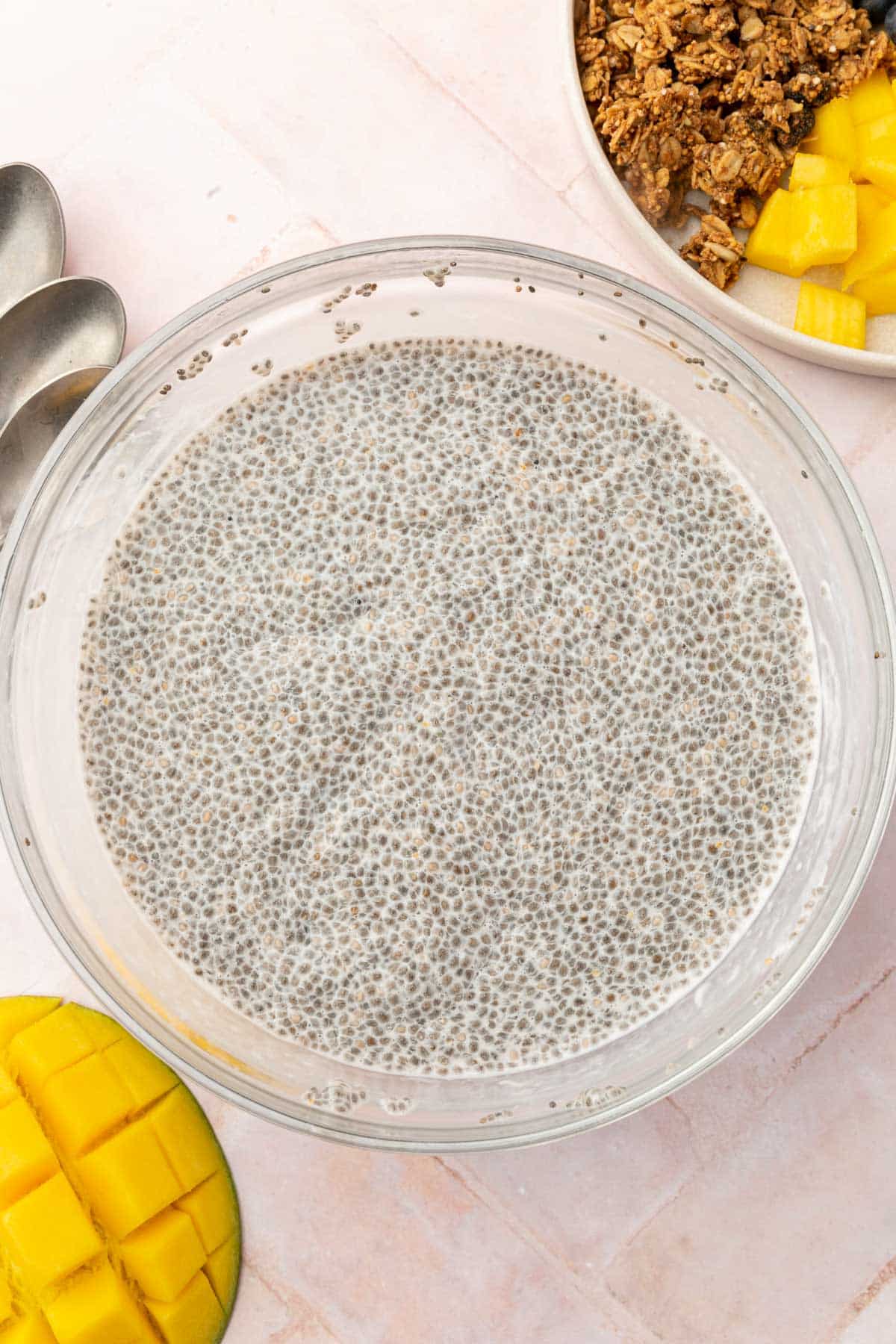 An overhead view of a glass bowl of chia pudding in it with granola and mango to the side.