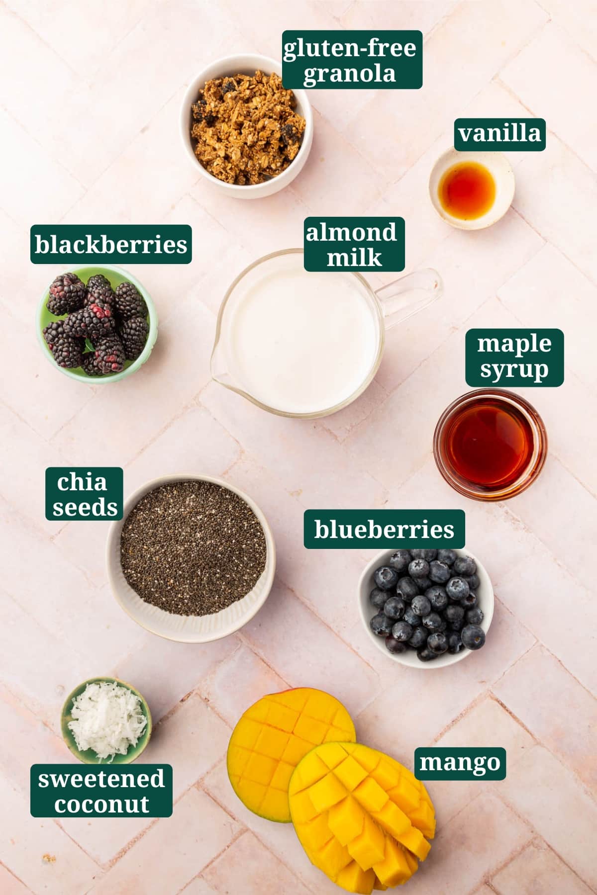 An overhead view of ingredients in small bowls to make a chia pudding breakfast bowl, including gluten-free granola, blackberries, almond milk, vanilla, maple syrup, chia seeds, blueberries, sweetened coconut shreds, and mango with text overlays over each ingredient.