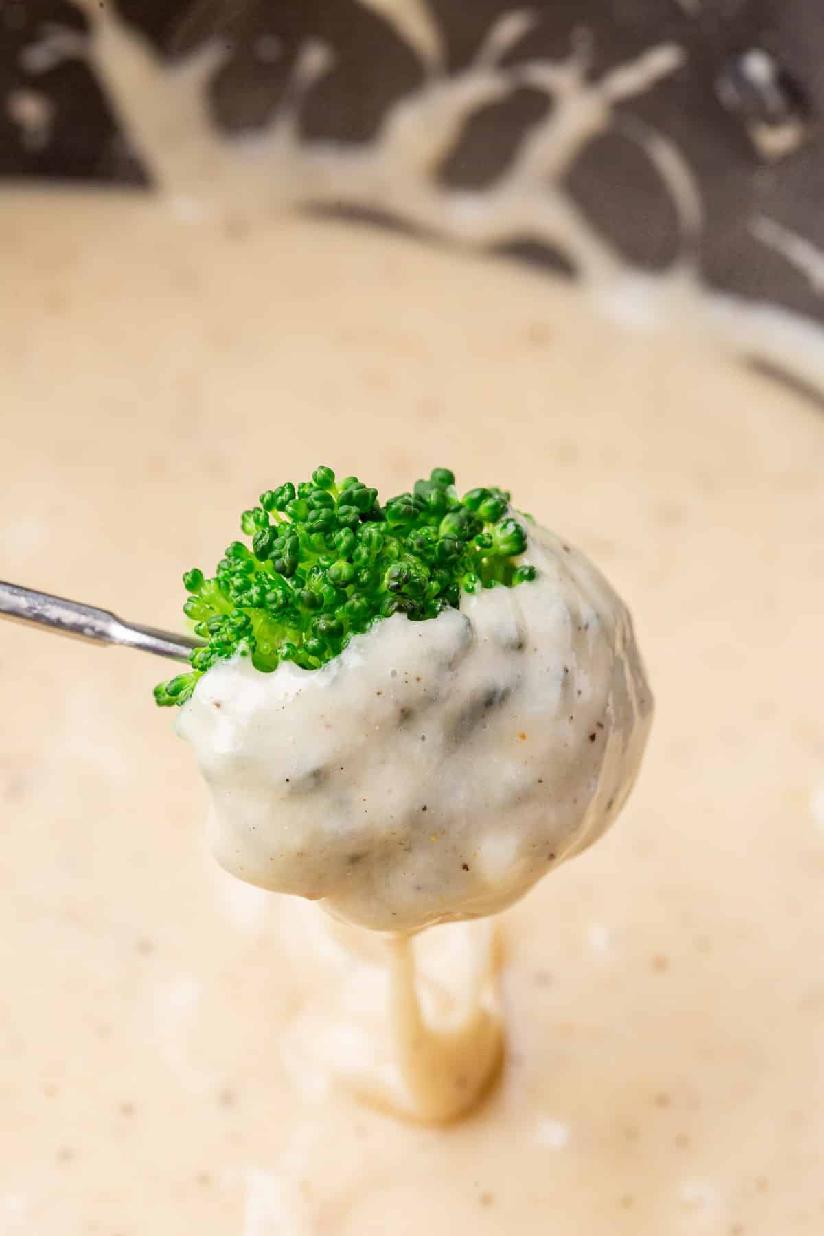 A skewered piece of broccoli covered in gluten-free cheese fondue that is dripping into the fondue pot.