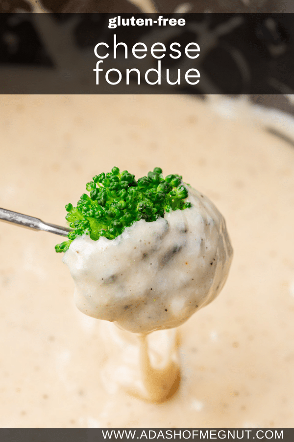 A fondue fork skewered with a piece of broccoli that is covered in cheese fondue and dripping into the fondue pot.