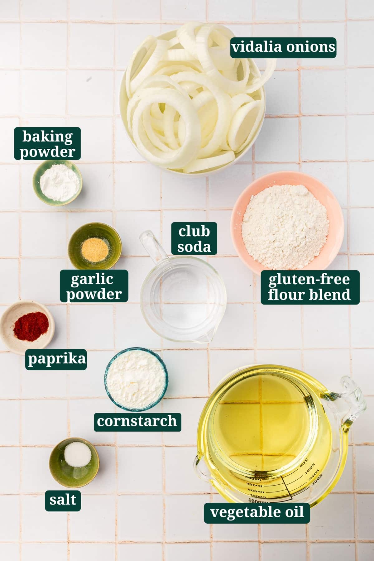 An overhead view of ingredients in bowls to make gluten free onion rings, including vidalia onions, baking powder, garlic powder, paprika, club soda, cornstarch, gluten-free flour blend, vegetable oil and salt with text overlays over each ingredient.