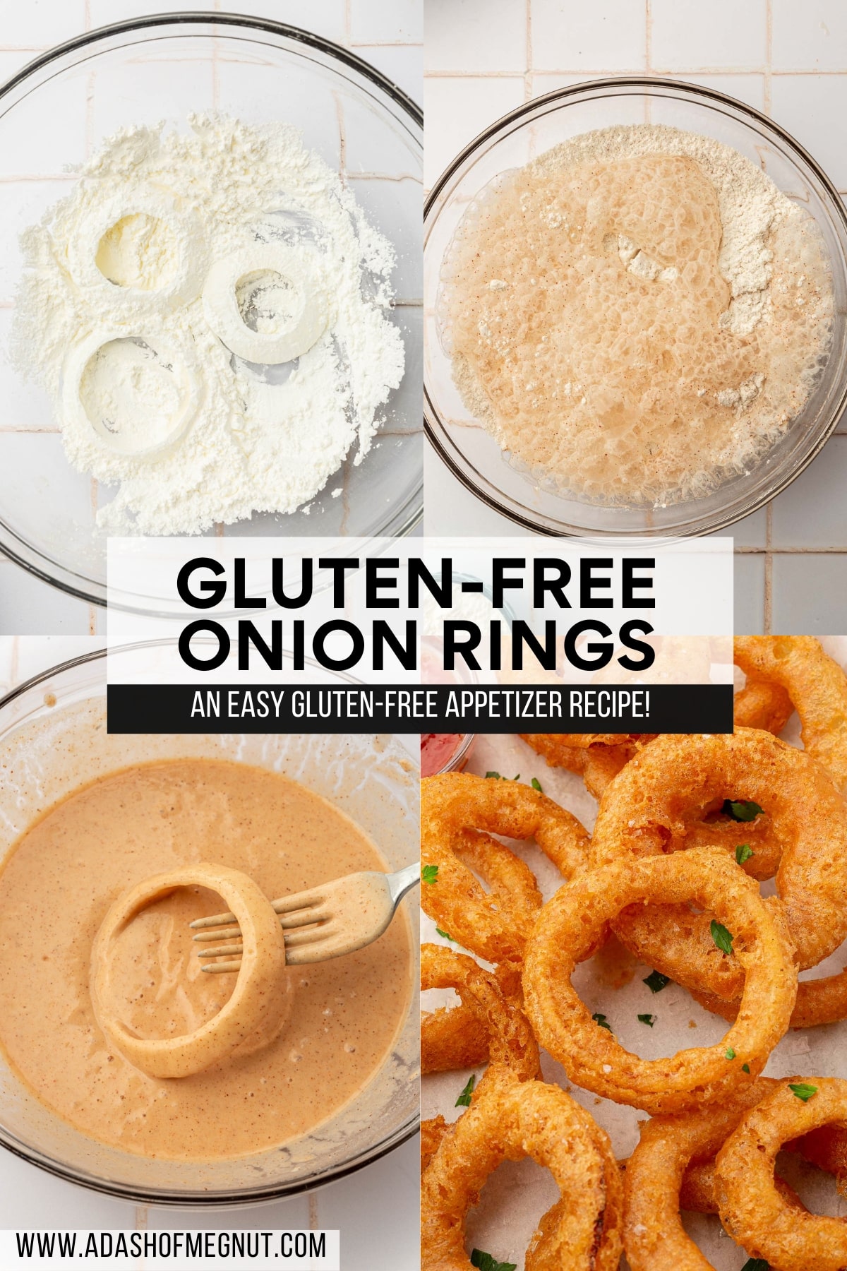 A four photo collage showing the process of making gluten free onion rings. Photo 1: A glass mixing bowl with cornstarch and three raw onion rings. Photo 2: A gluten-free flour blend in a mixing bowl topped with club soda that has started to bubble up. Photo 3: A fork dipping a single onion ring into gluten-free batter. Photo 4: Gluten-free onion rings on a baking sheet.