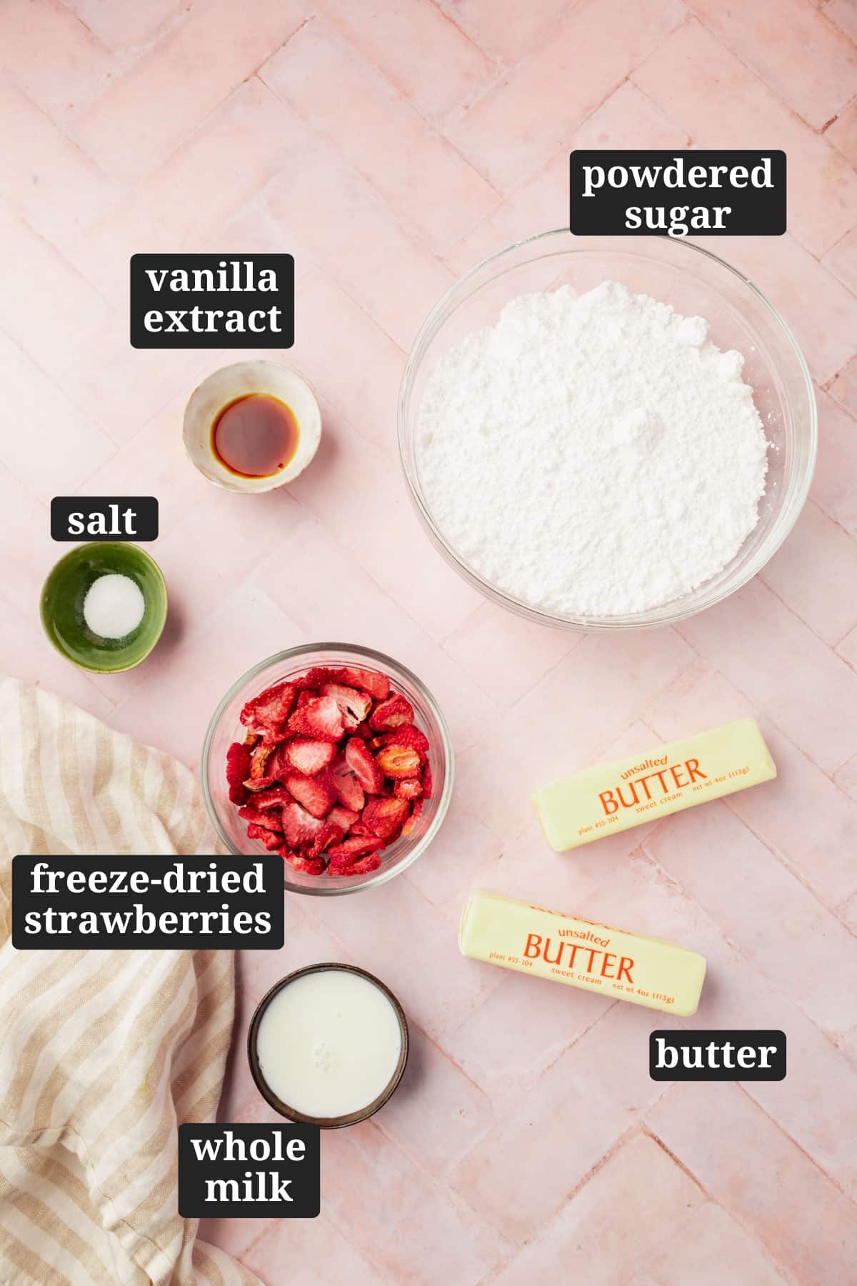 An overhead view of ingredients in bowls to make strawberry truffles, including freeze-dried strawberries, heavy cream, butter, vanilla, coconut coil, and white chocolate chips, with text overlays over each ingredient.