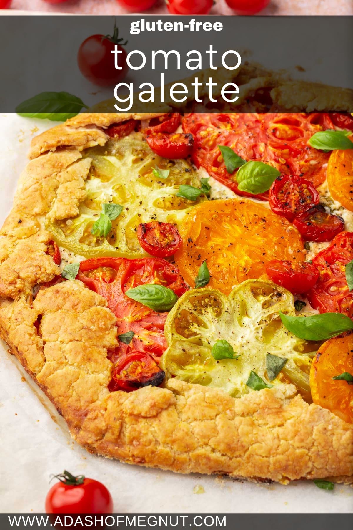 A whole gluten-free tomato tart with basil on top.
