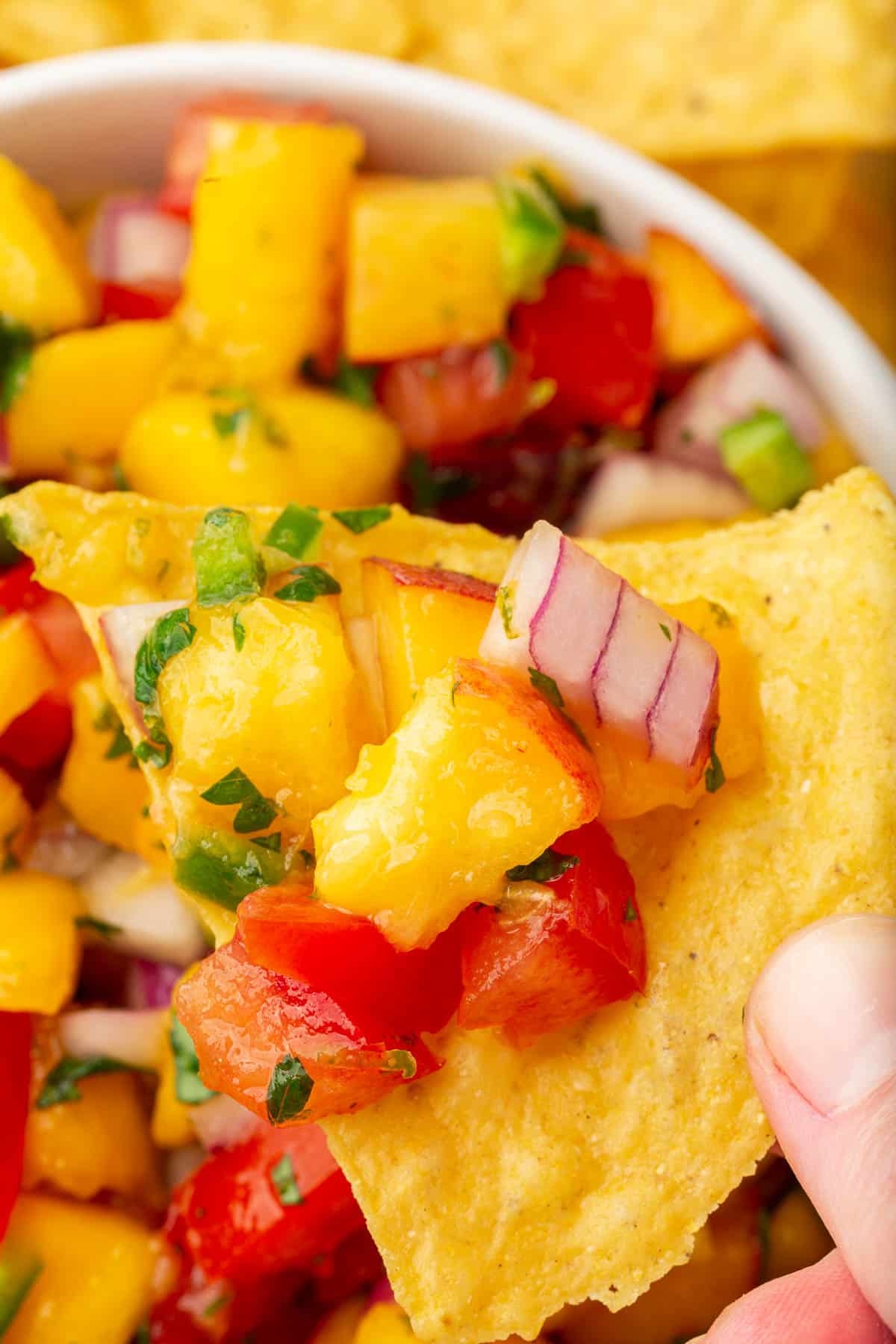 A closeup of a hand holding a tortilla chip topped with peach mango salsa over a bowl of more fruit salsa.