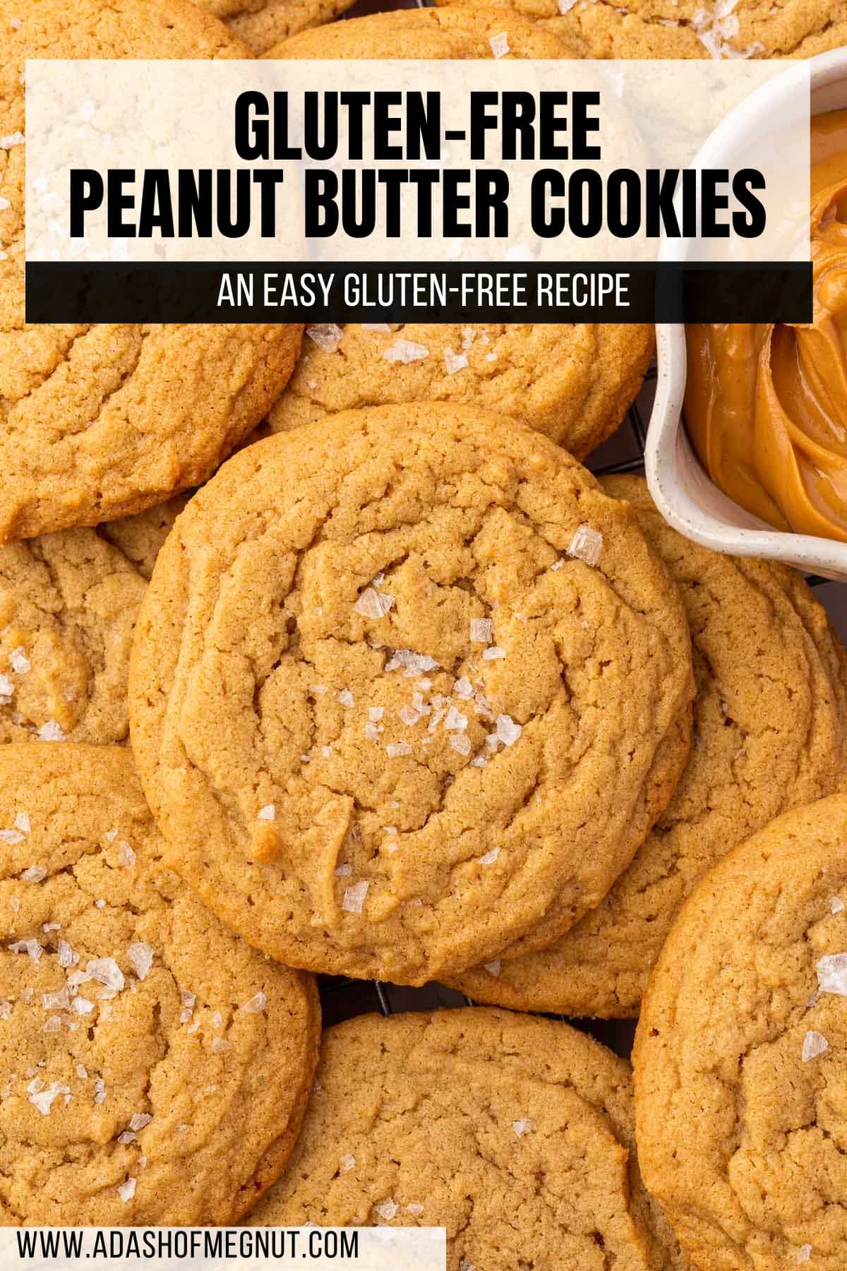 A pile of gluten-free peanut butter cookies topped with flaky sea salt and a bowl of peanut butter on the side.