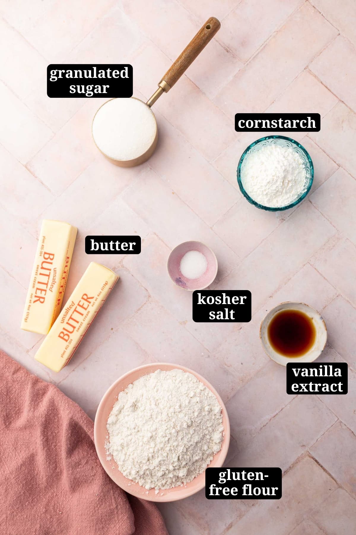 An overhead view of ingredients in small bowls to make gluten-free shortbread, including granulated sugar, cornstarch, butter, kosher salt, vanilla extract, and gluten-free flour with text overlays over each ingredient.