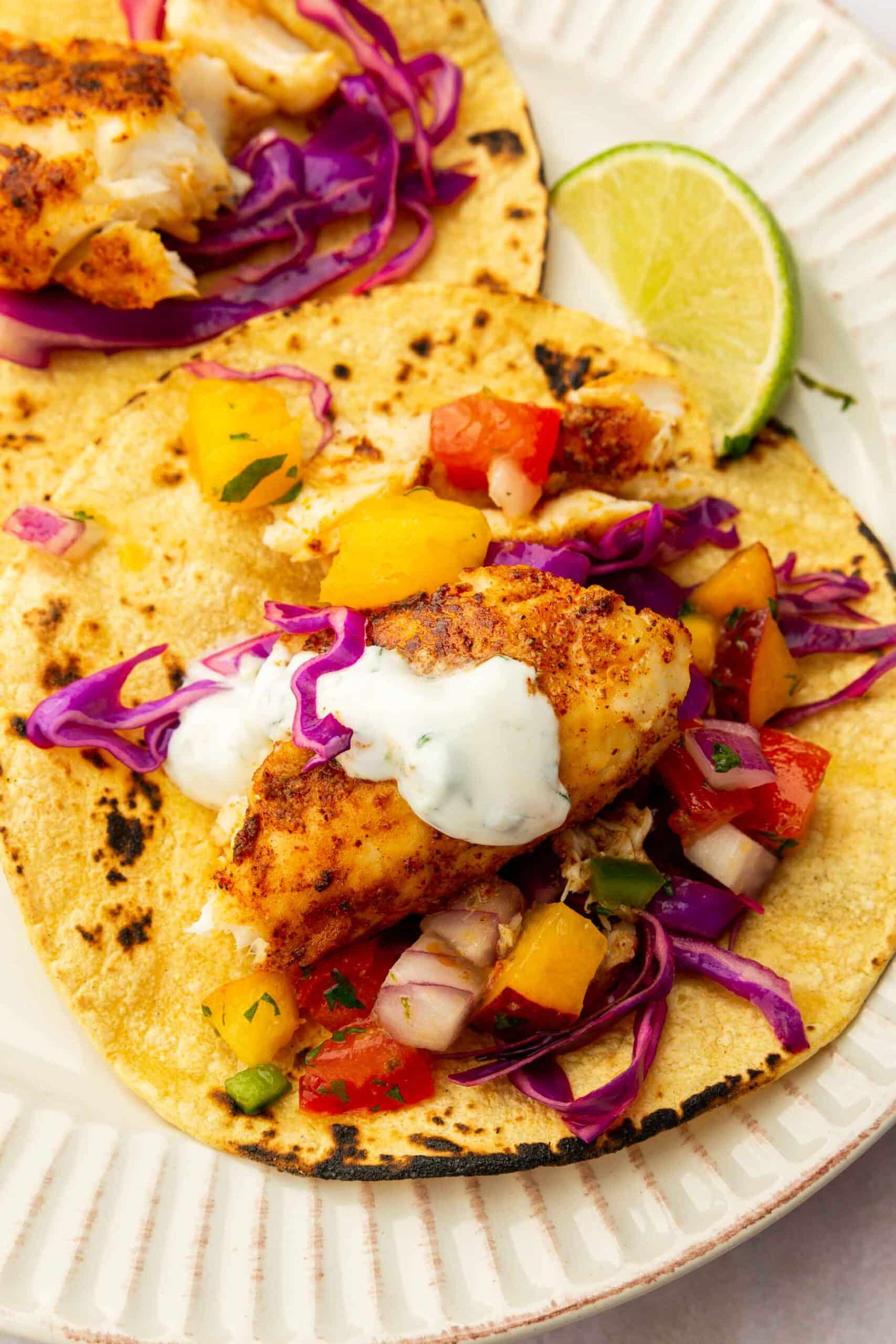 A close up of a fish taco topped with fruit salsa, red cabbage slaw and cilantro lime crema on a charred corn tortilla.
