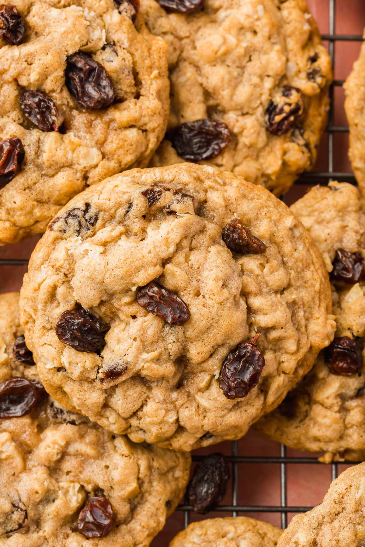 An overhead view of stacks of oatmeal raisin cookies on a cooling rack.