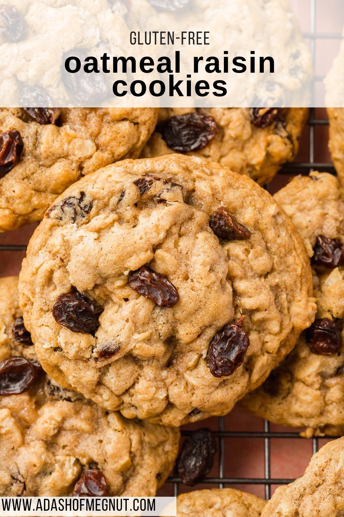 An overhead view of stacks of gluten free oatmeal raisin cookies on a wire cooling rack.