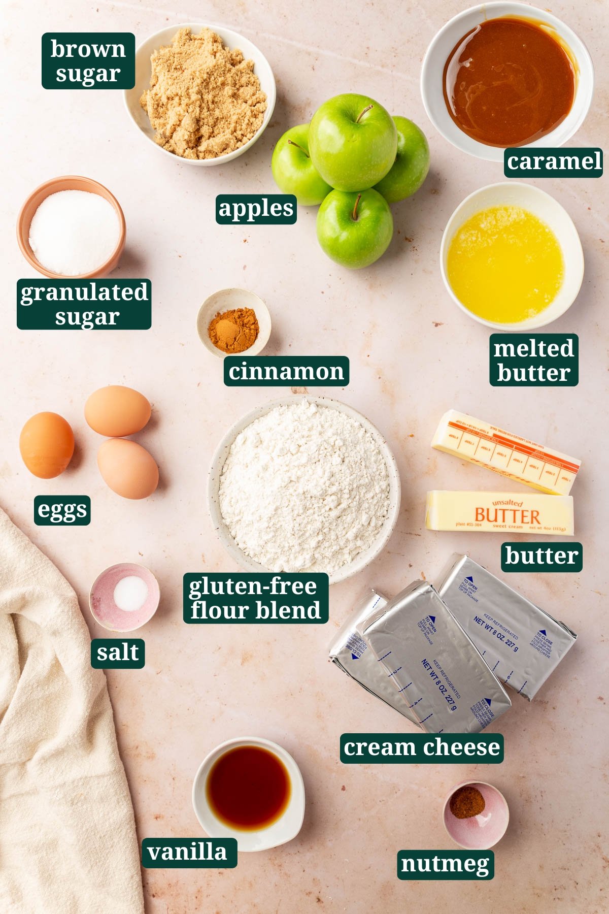 Ingredients in small bowls to make gluten free caramel apple cheesecake bars, including brown sugar, green apples, caramel sauce, granulated sugar, ground cinnamon, melted butter, eggs, gluten-free flour, two sticks of unsalted butter, salt, three cream cheese bricks, vanilla extract and ground nutmeg with text overlays over each ingredient.