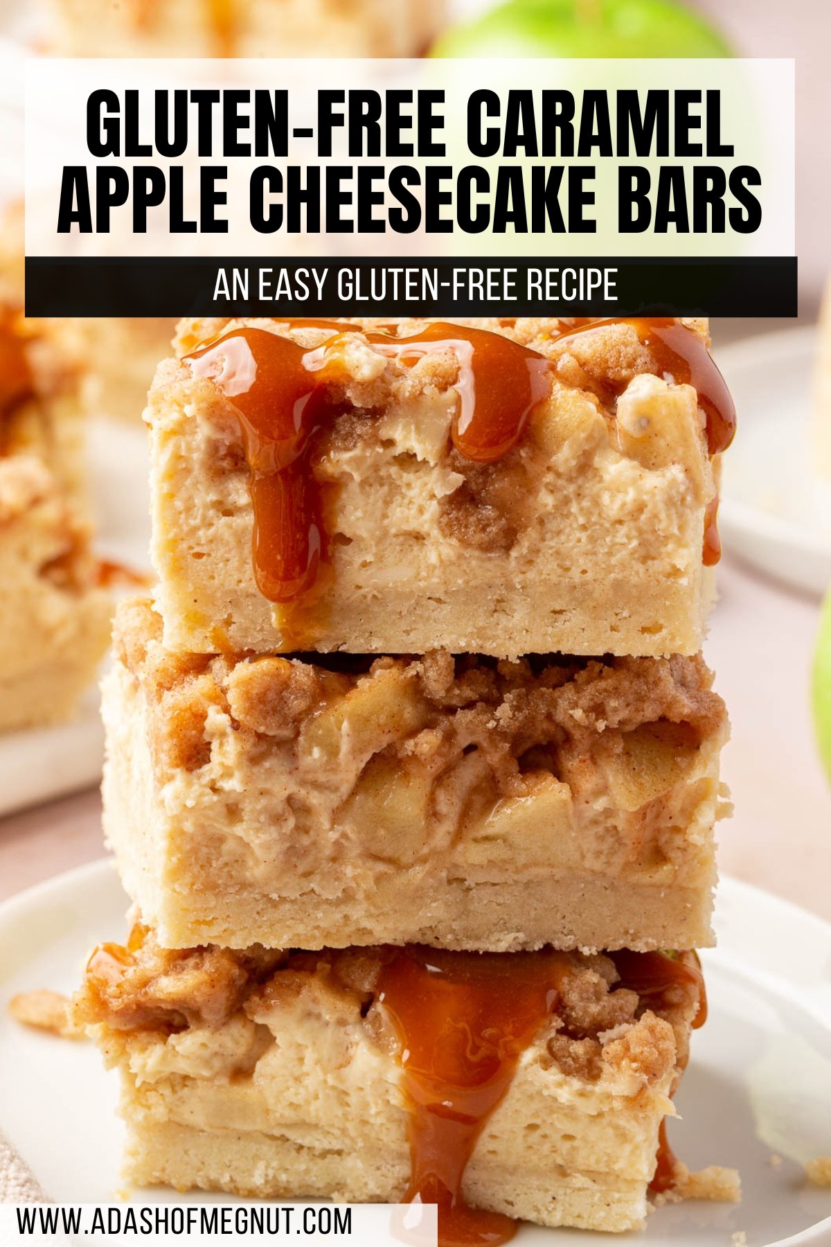 A stack of three apple caramel cheesecake bars with caramel and a gluten-free shortbread crust on a small dessert plate.