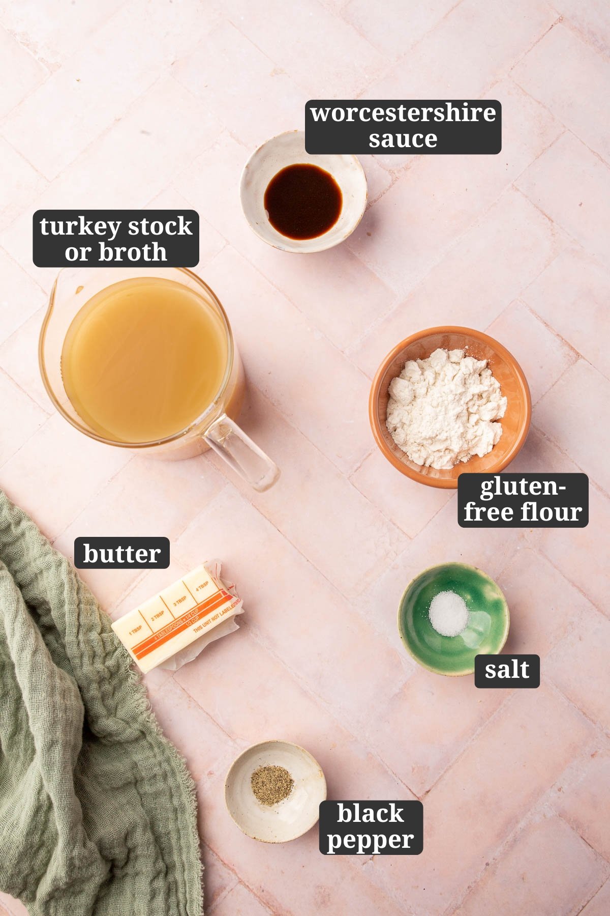 Ingredients in small bowls to make gluten-free gravy, including turkey stock, worcestershire sauce, butter, gluten-free flour, salt and pepper with text overlays over each ingredient.