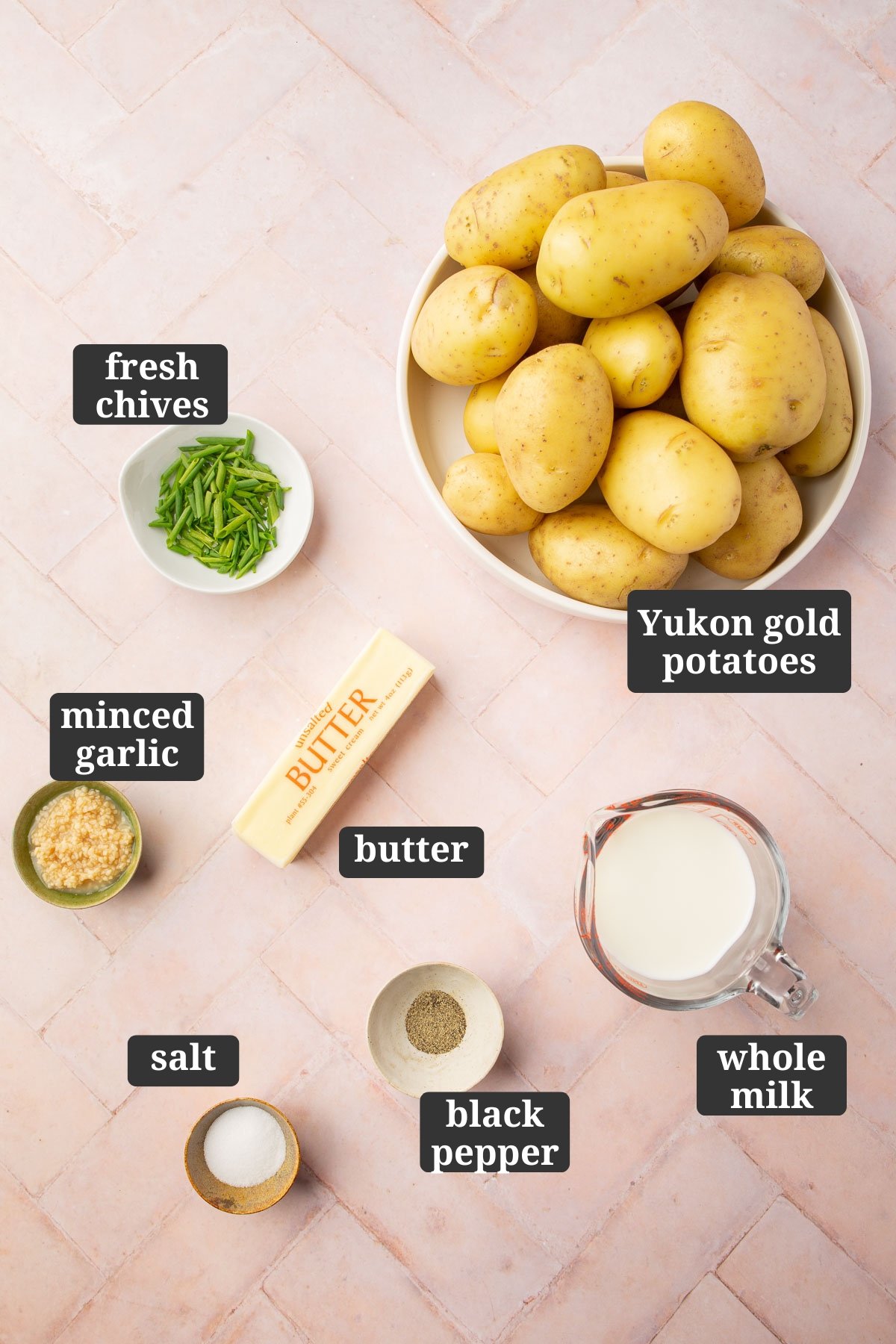 Ingredients in small bowls to make gluten-free mashed potatoes, including fresh chives, yukon gold potatoes, minced garlic, butter, salt, black pepper and milk with text overlays over each ingredient.