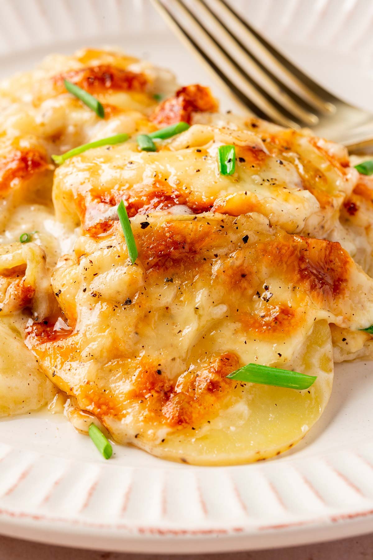 A close up of a plate of scalloped potatoes topped with coarse black pepper and fresh chives with a fork in the background.