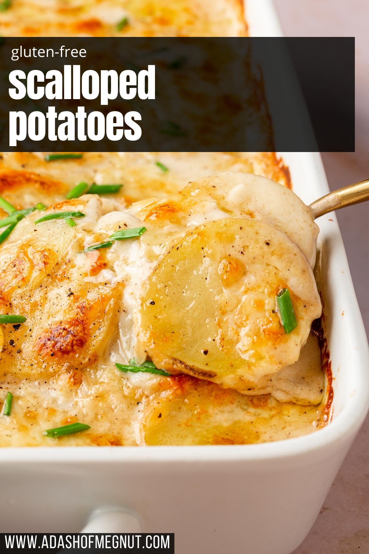 A serving spoon scoopingsome gluten-free scalloped potatoes out of a rectangle baking pan.