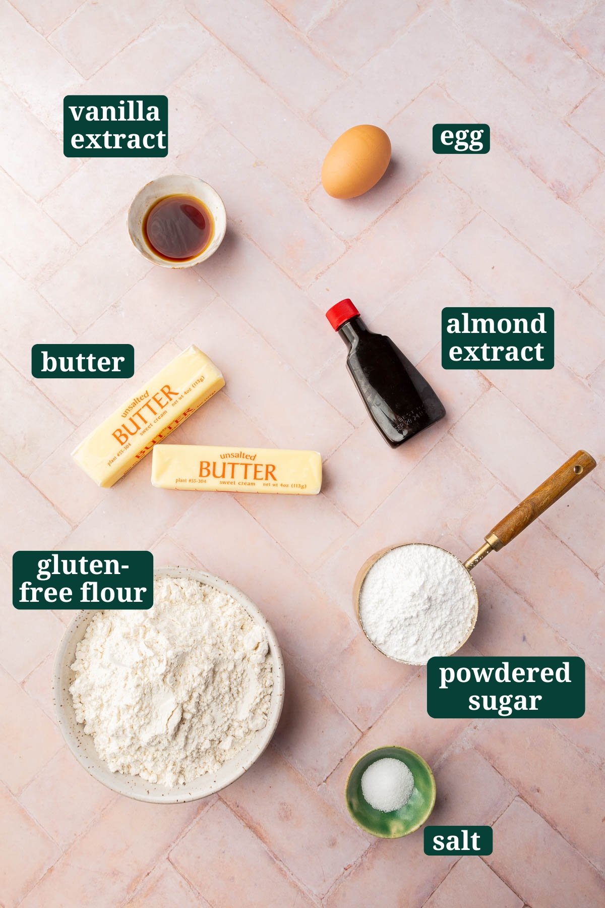 Ingredients in small bowls to make gluten-free Christmas cookies, including vanilla, an egg, two sticks of butter, almond extract, powdered sugar, gluten-free flour and salt with text overlays over each ingredient.