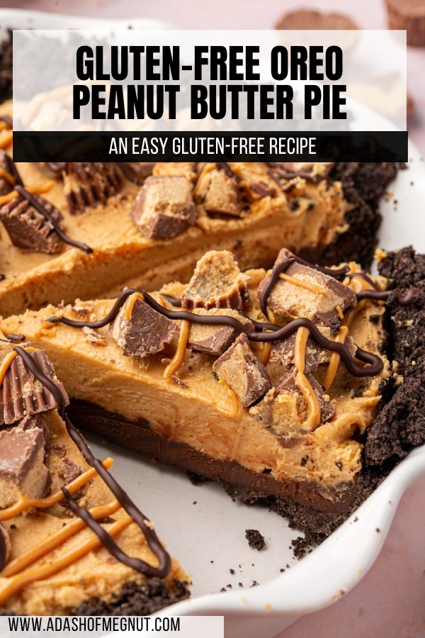 Slices of gluten-free Oreo peanut butter pie topped with reese's peanut butter cups in a pie plate.