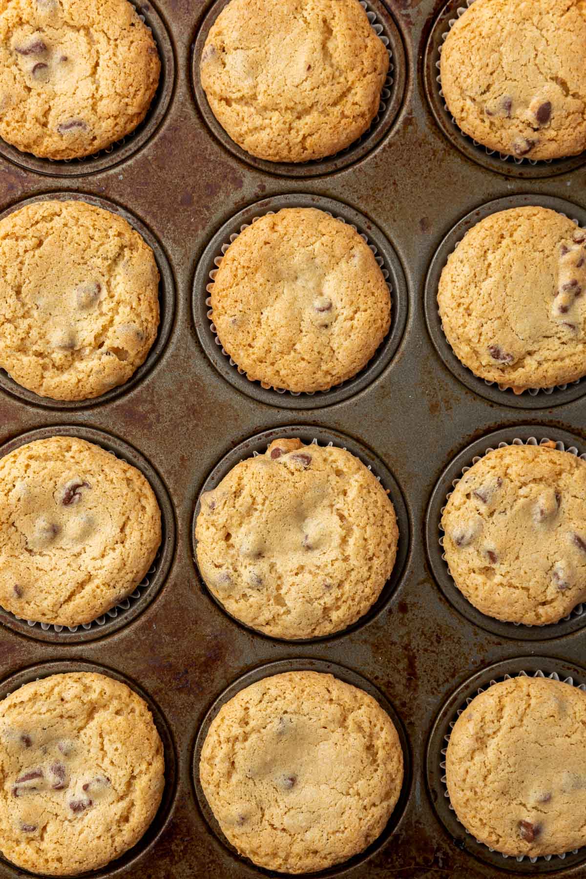 An overhead view of a mini muffin pan filed with chocolate chip cookie cups fresh out of the oven.