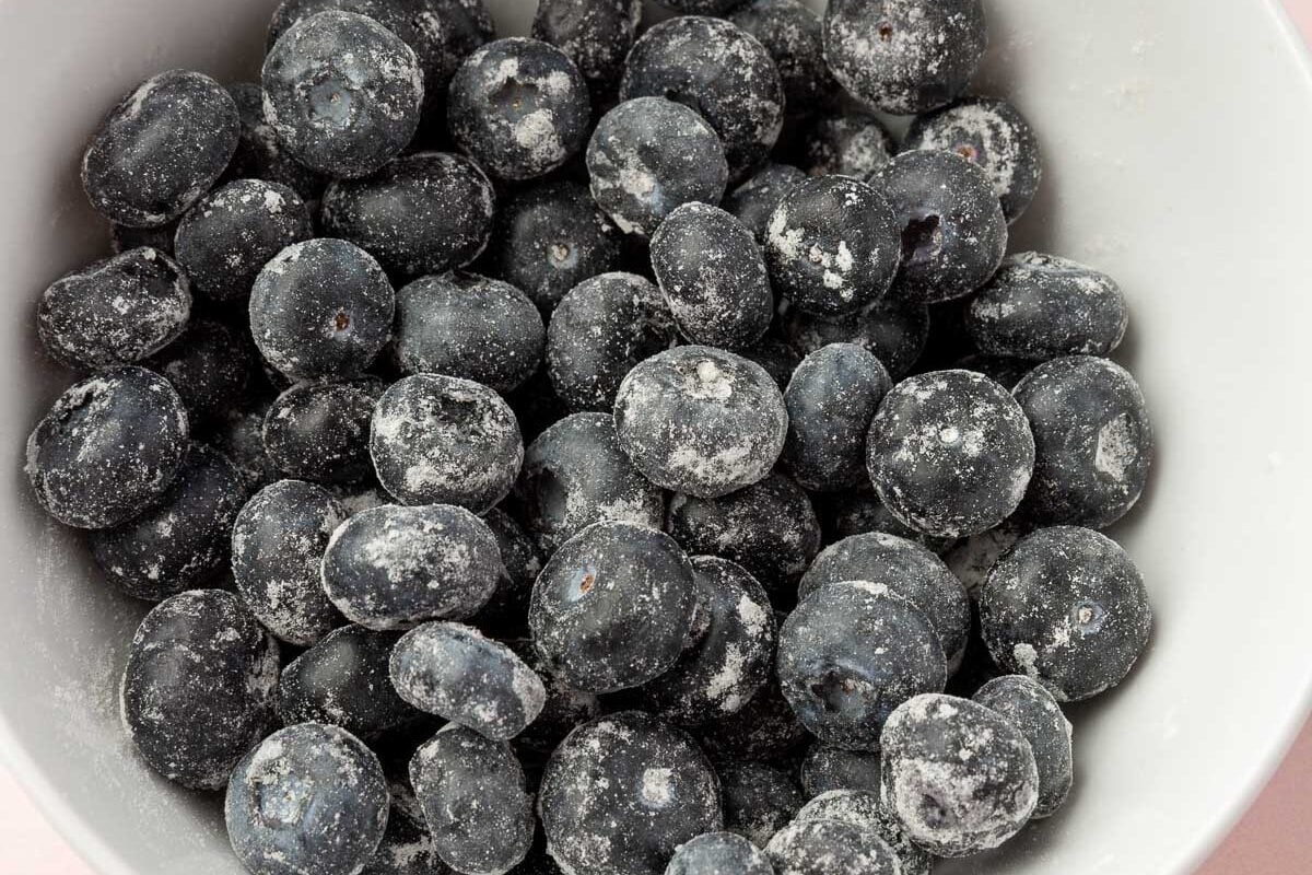 A small bowl with blueberries dusted with gluten-free flour in it.