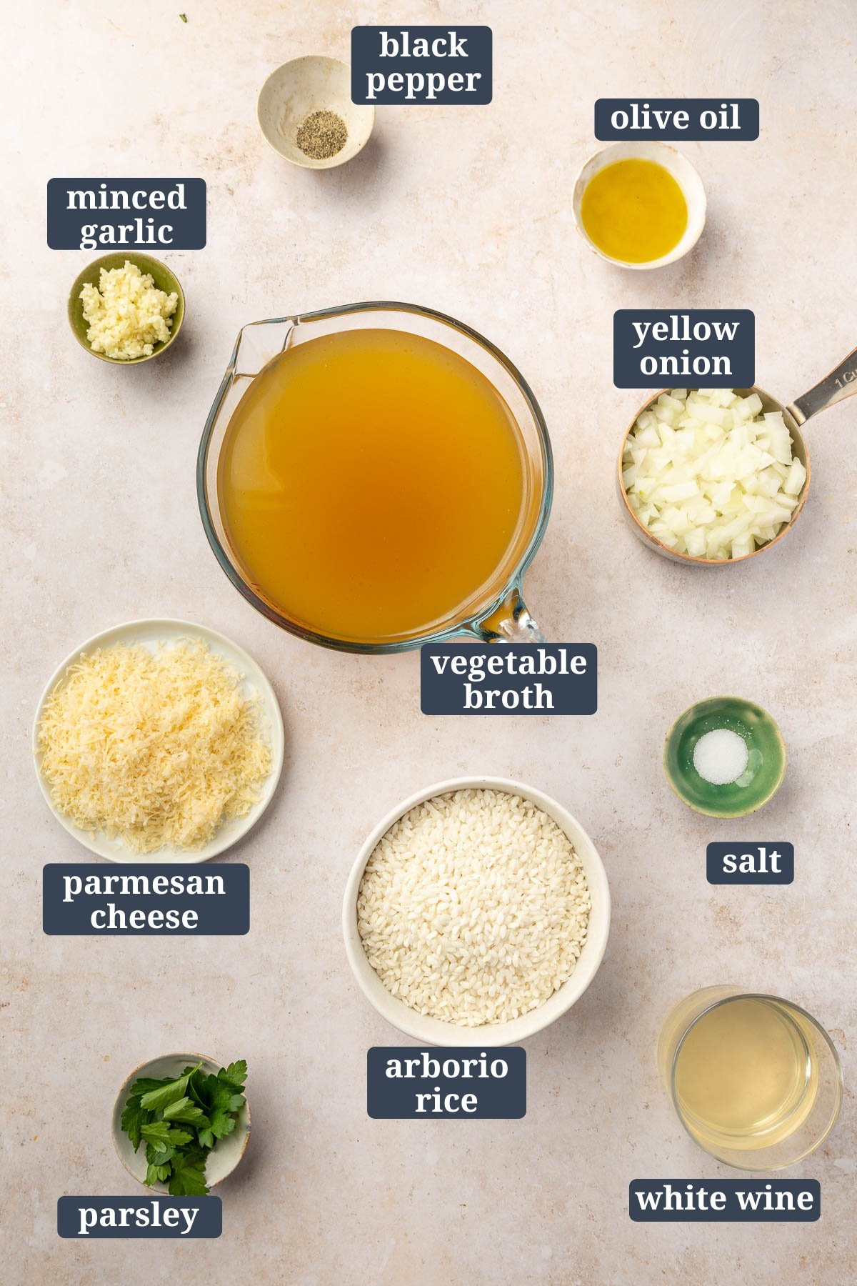 Ingredients in small bowls to make gluten free risotto, including black pepper, minced garlic, olive oil, yellow onion, vegetable broth, parmesan cheese, arborio rice, salt, parsley and white wine with text overlays over each ingredient.