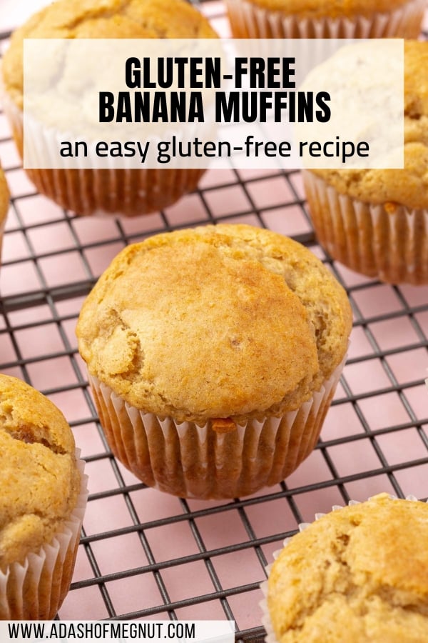 Multiple gluten free banana muffins on a wire cooling rack.
