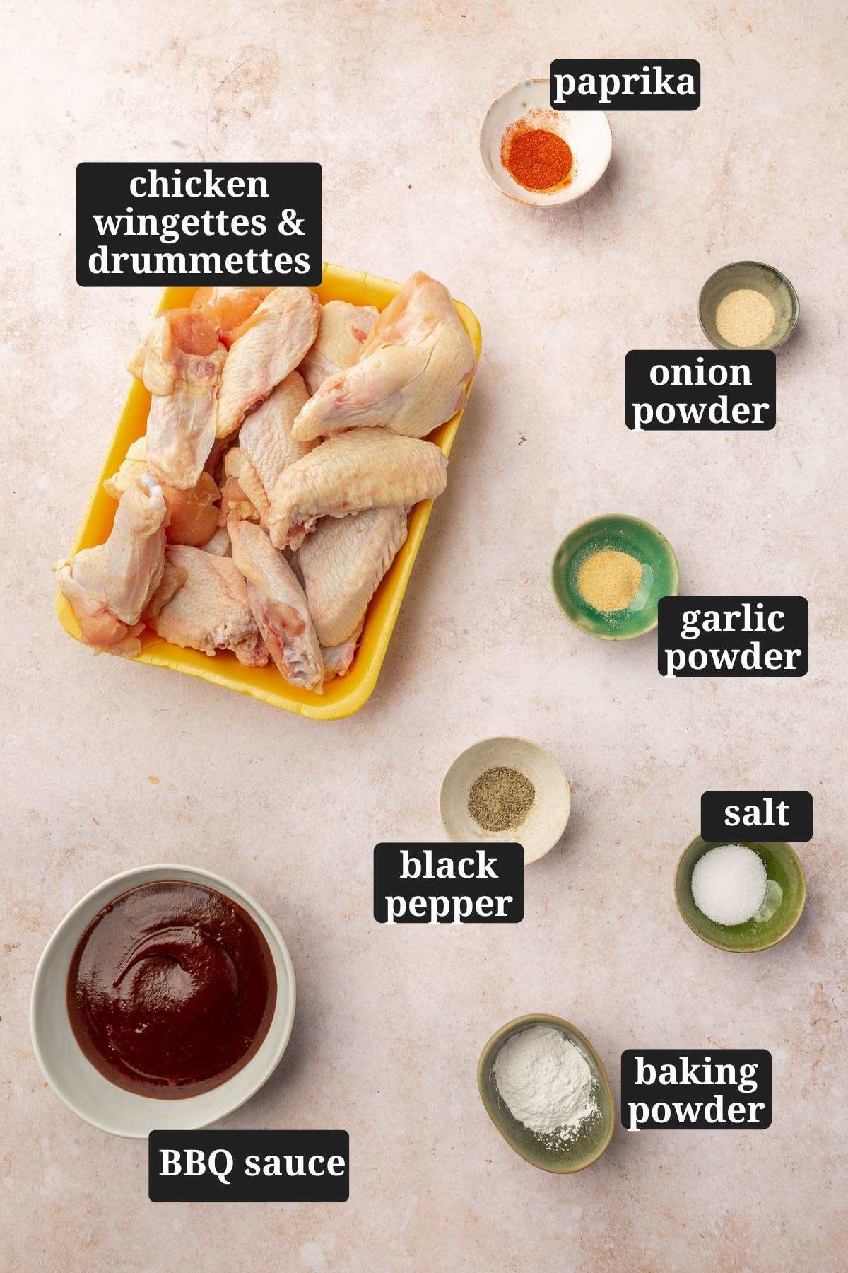 An overhead view of ingredients in small bowls to make gluten free chicken wings, including chicken wingettes and drumettes, paprika, onion powder, garlic powder, black pepper, salt, baking powder and BBQ sauce with text overlays over each ingredient.