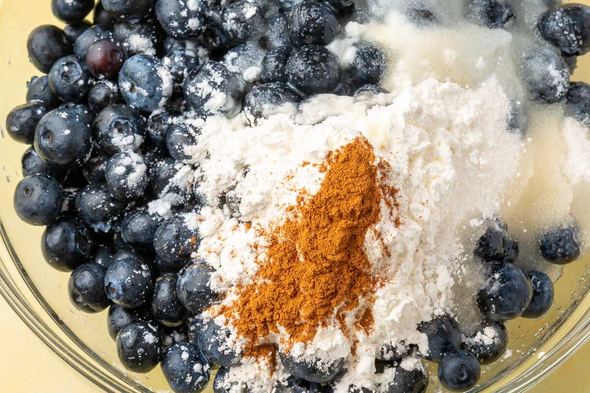 An overhead view of a glass mixing bowl filled with blueberries, granulated sugar, lemon juice, cornstarch, and cinnamon before mixing together.