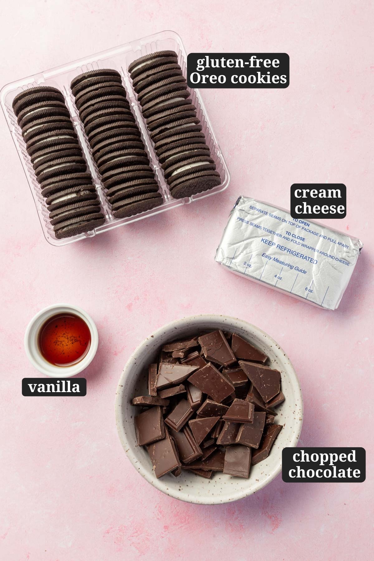 An overhead view of ingredients to make gluten-free Oreo balls including Gluten-free Oreo cookies, cream cheese, vanilla extract and chopped chocolate with text overlays over each ingredient to say what it is.