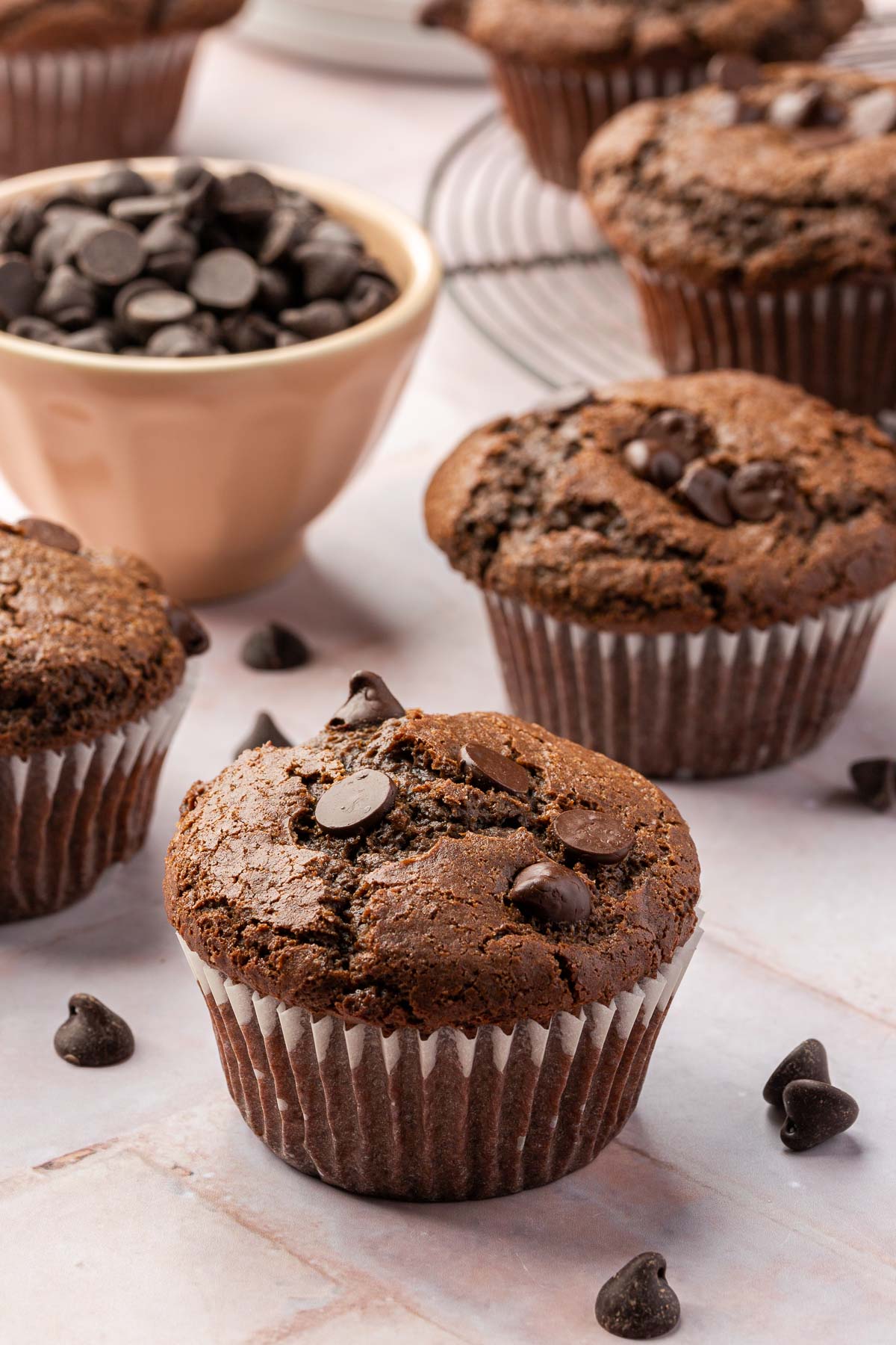 Several gluten-free chocolate muffins with chocolate chips on top arranged on a light-colored surface, with a small bowl of chocolate chips in the background.