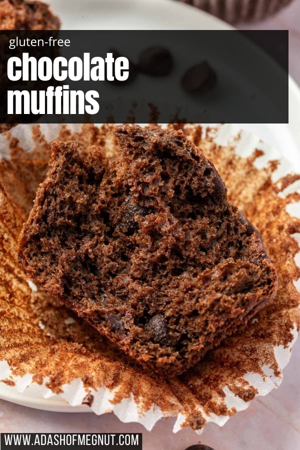 A close-up of a gluten-free chocolate muffin cut in half on an unwrapped liner, with the text 'Gluten-Free Chocolate Muffins' overlaid for a Pinterest graphic.