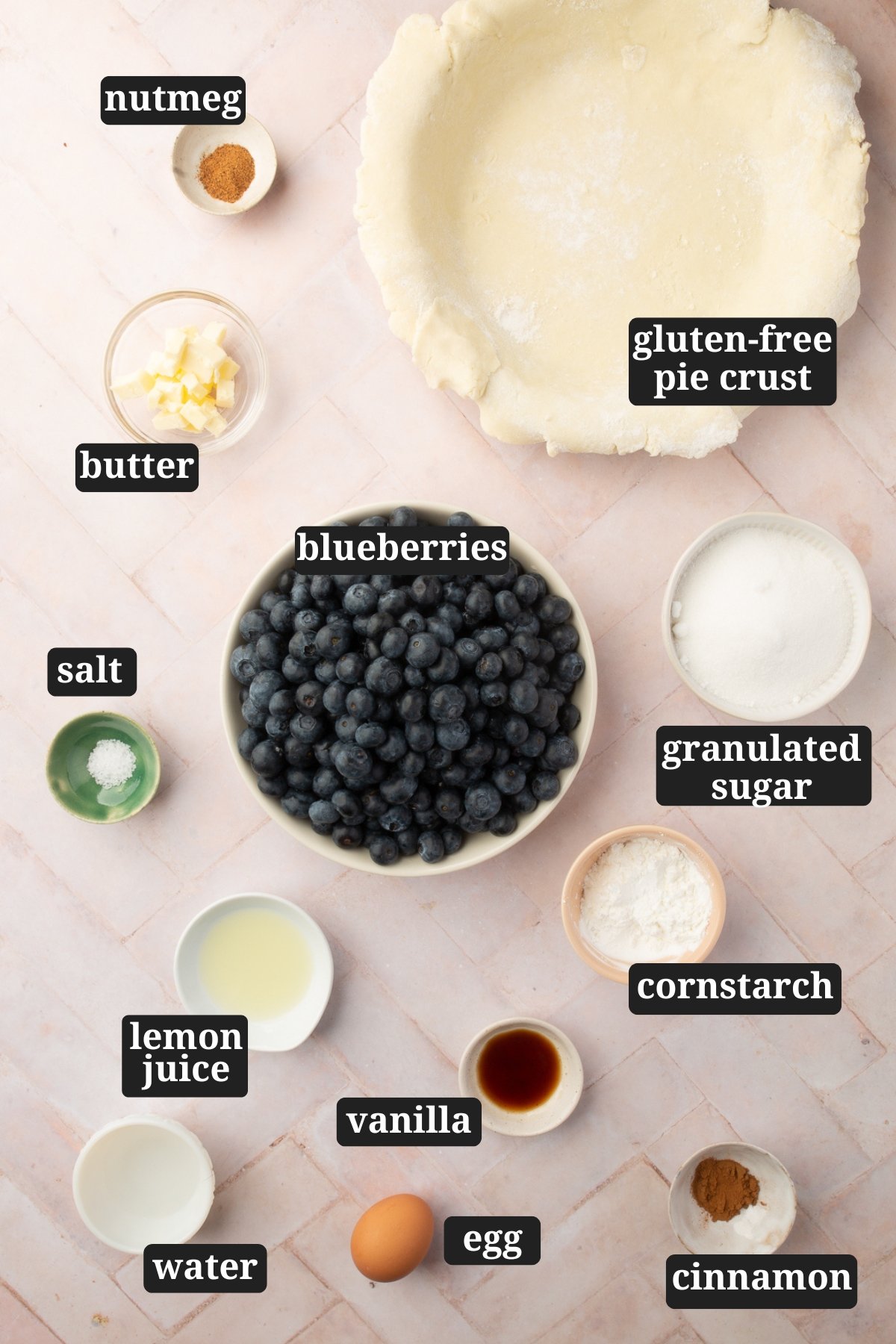 Ingredients for gluten-free blueberry pie laid out, including a pie crust, fresh blueberries, granulated sugar, cornstarch, lemon juice, cinnamon, nutmeg, butter, egg, water, vanilla, and salt, each labeled.