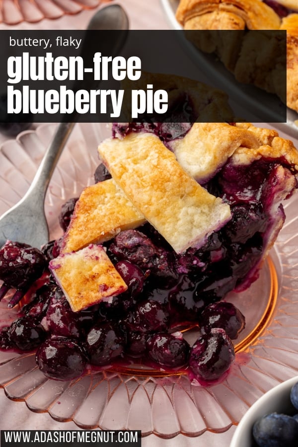 A close-up of a slice of blueberry pie with a golden, flaky crust and juicy blueberry filling. Text overlay reads "Gluten-free blueberry pie."
