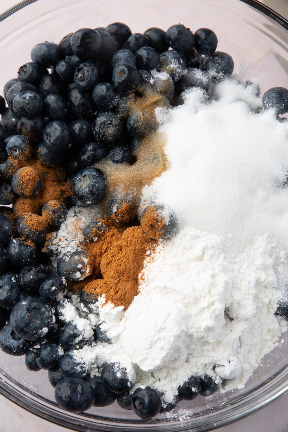 A clear bowl filled with fresh blueberries, sugar, cornstarch, cinnamon, and salt, ready to be mixed together for the blueberry pie filling.