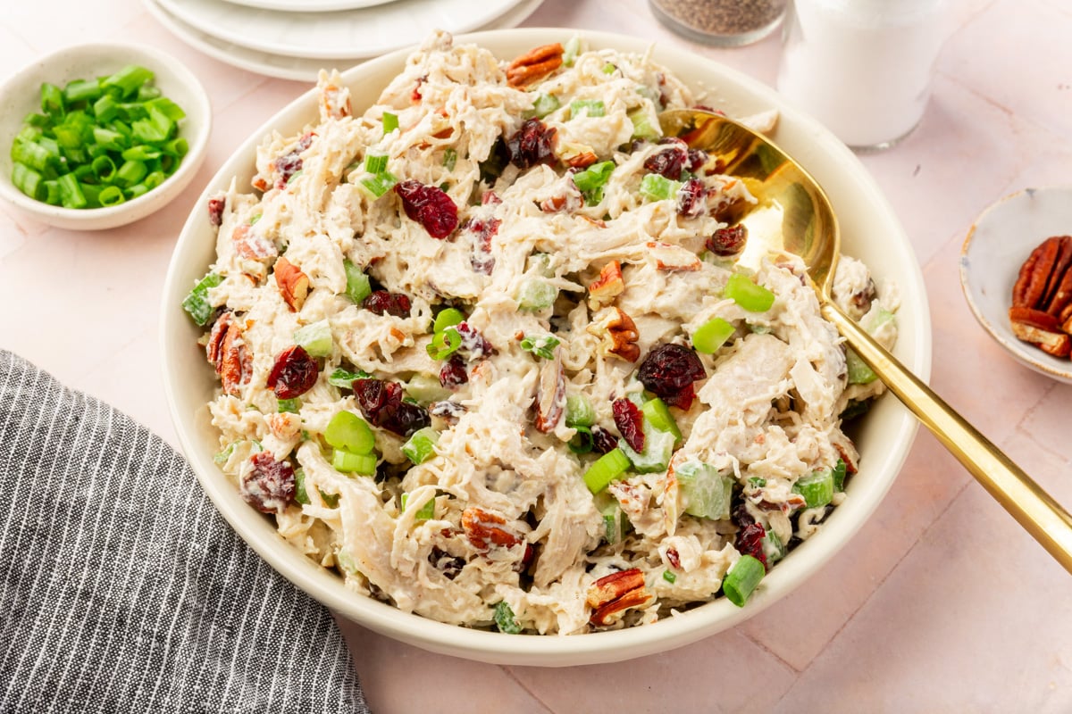 Serving bowl of cranberry pecan chicken sala.d